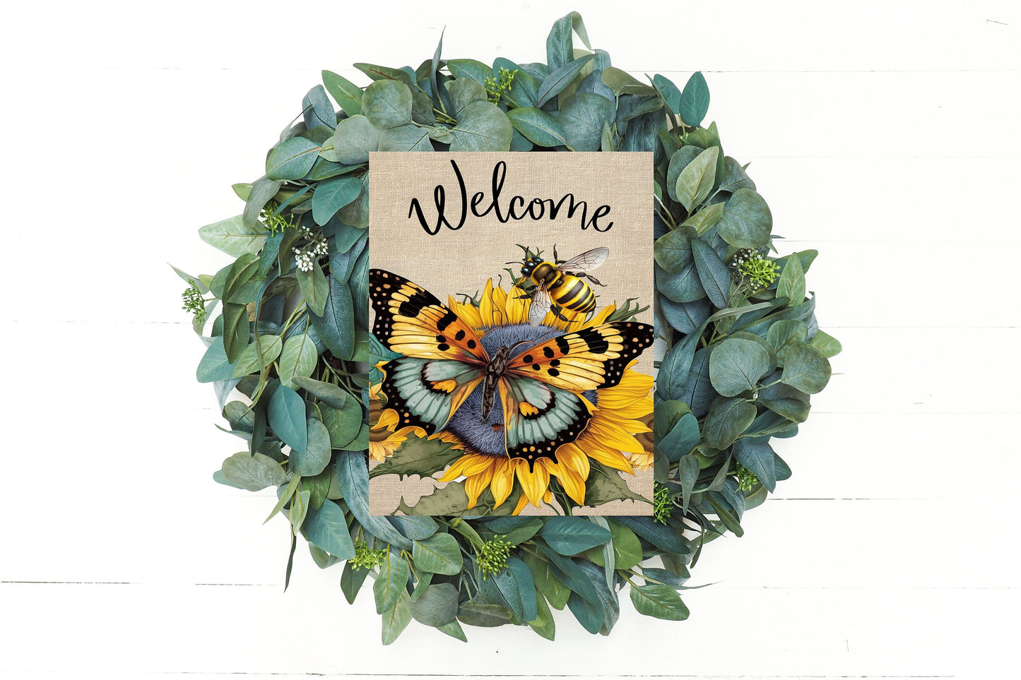 Wall Decor, Welcome Sign, Butterfly Bee Welcome Farmhouse Decor Printed Handmade Wood Sign Door Hanger Sign