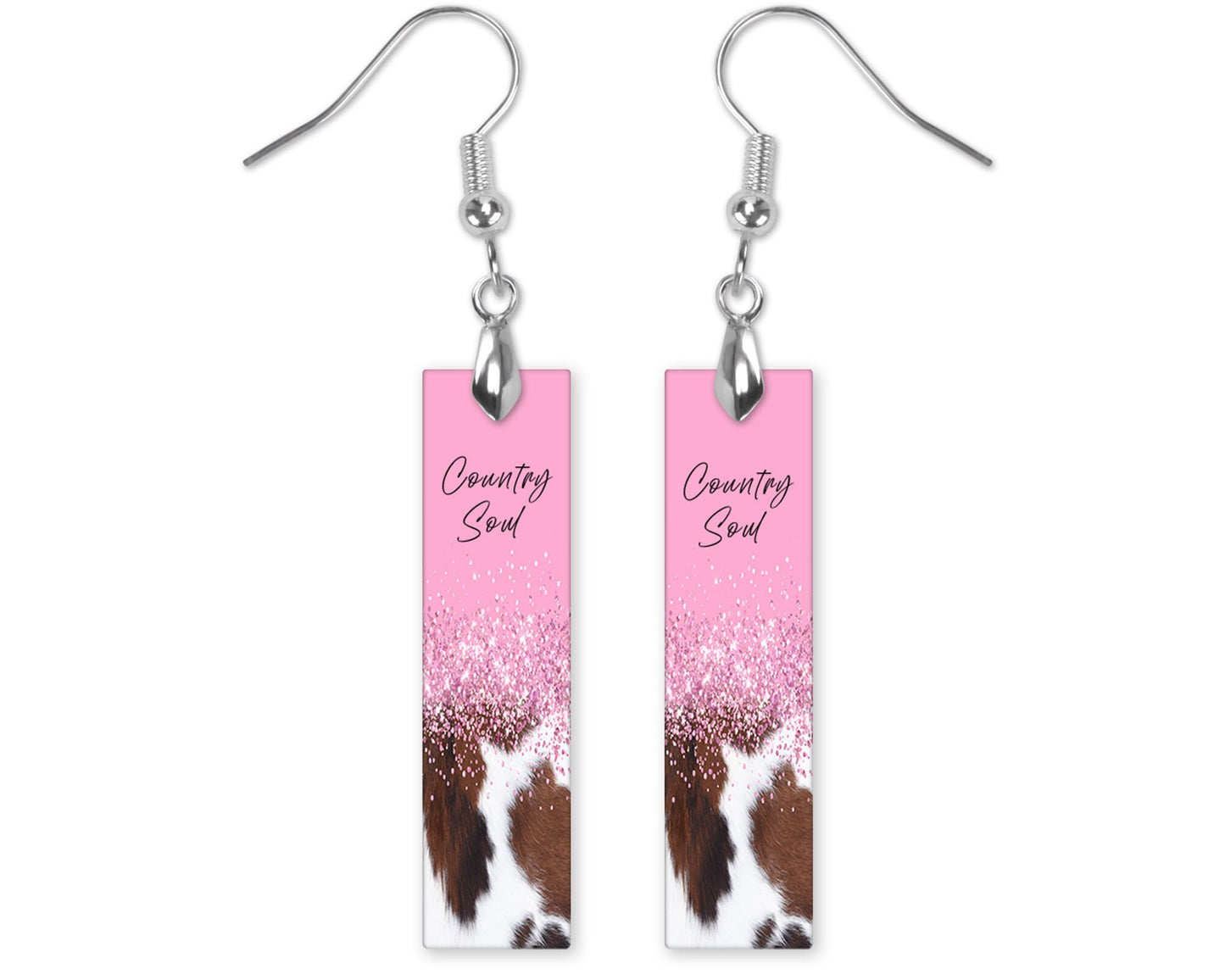 Western Earrings, Country Soul Pink and Cowhide Bar Dangle Printed Earrings Jewelry Handmade