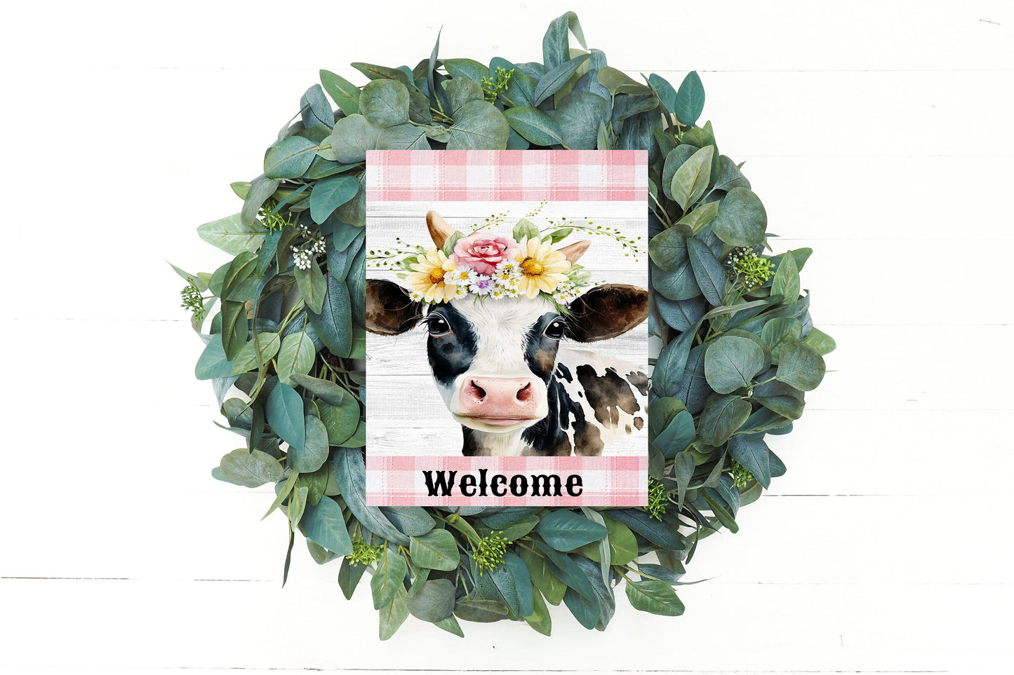 Wall Decor, Welcome Sign, Welcome Cow Pink Plaid Farmhouse Decor Printed Handmade Wood Sign Door Hanger Sign