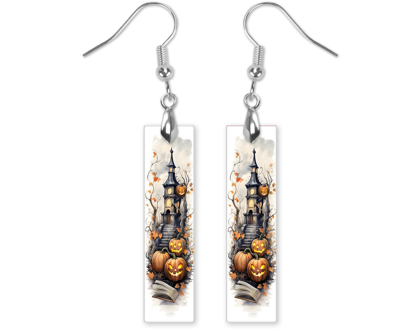 Earrings, Pumpkins and Haunted Tower Halloween Printed Wood Dangle Earrings Hypoallergenic Jewelry Handmade