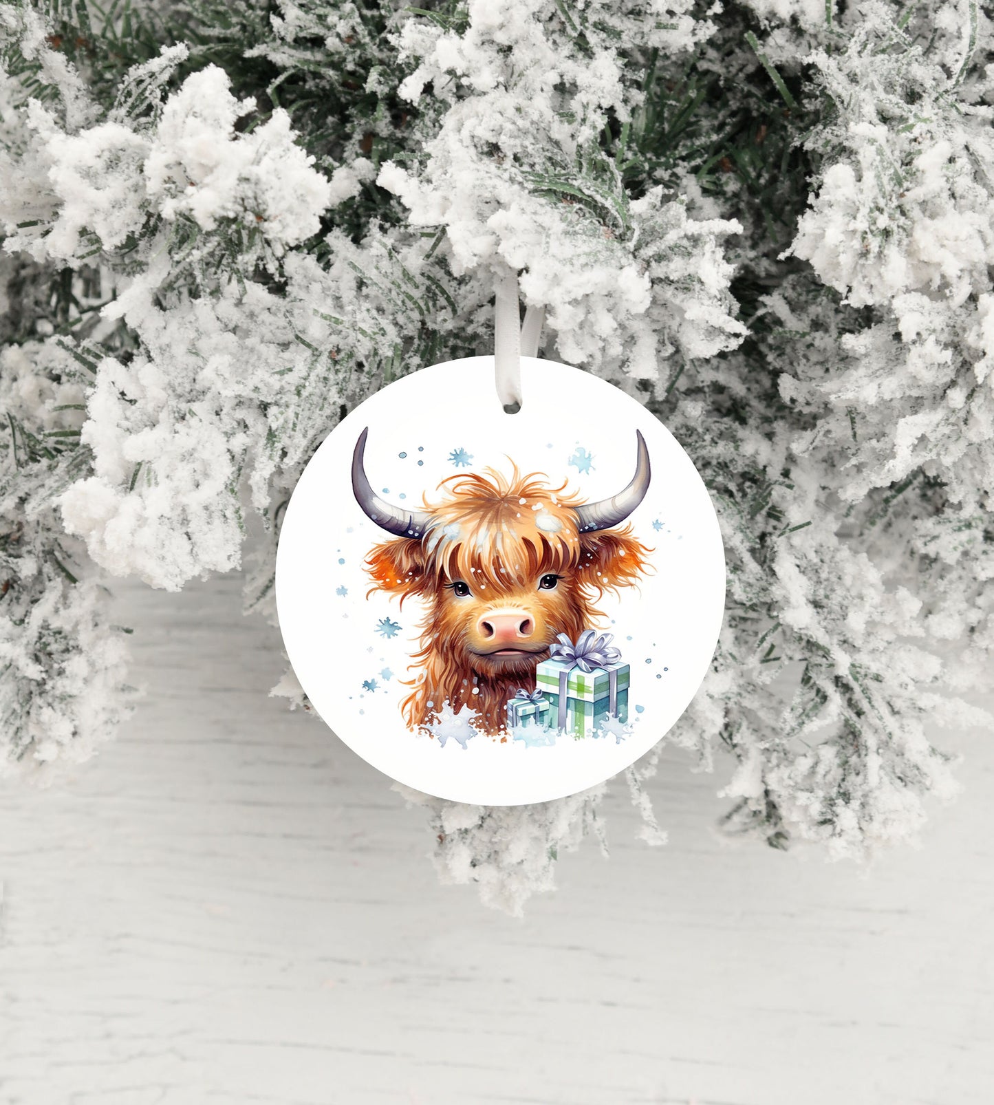 Christmas Ornament, Highland Cow Green and Blue Presents Ceramic Christmas Ornament, Christmas Decorations
