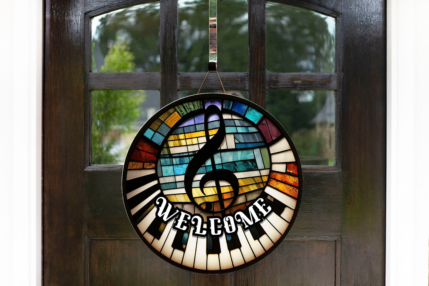 Faux Stain Glass Piano Welcome Sign, Farmhouse Round Wood Sign Farmhouse Door Hanger Wreath Sign