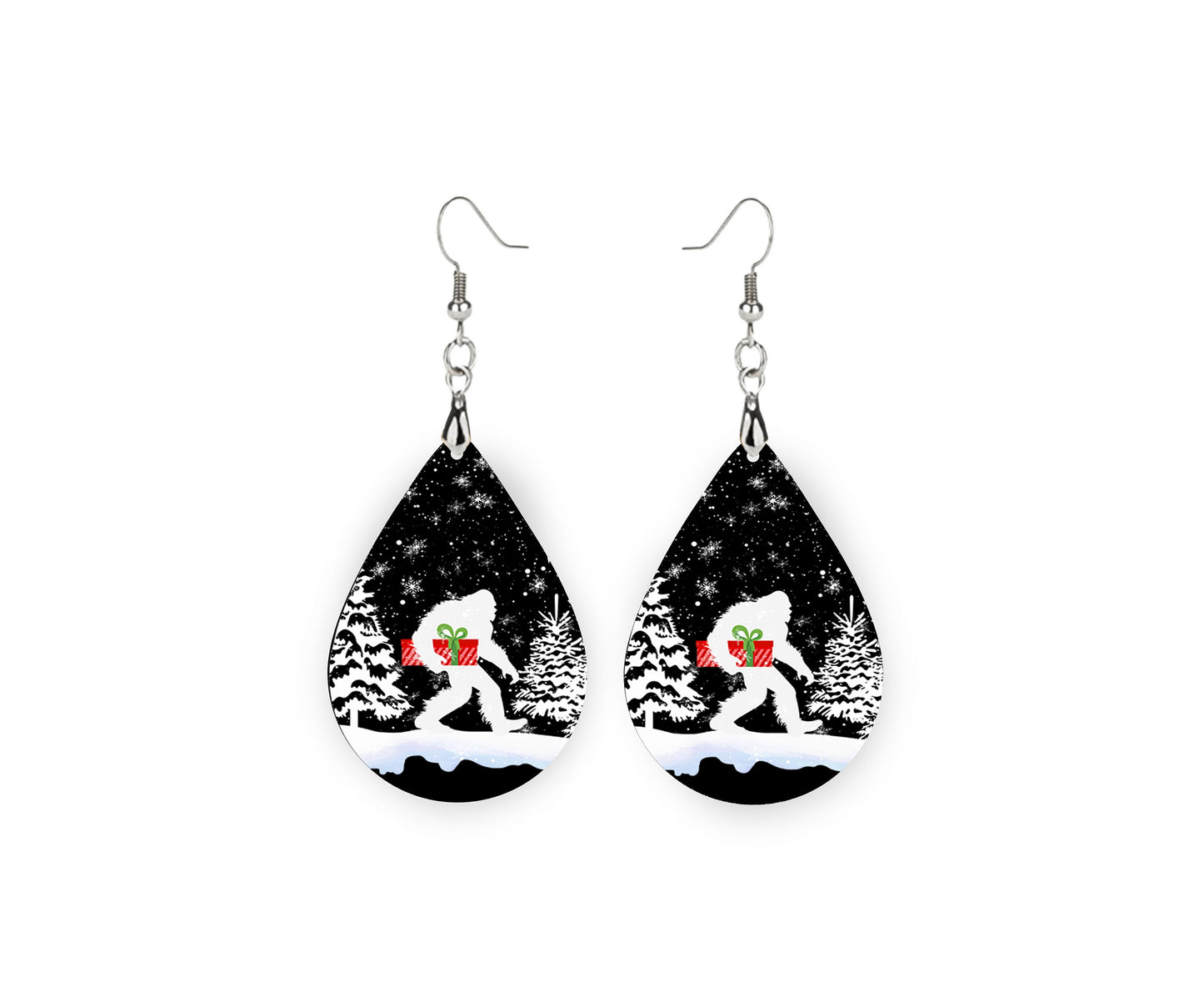 Snowy Christmas Bigfoot Earrings Print Tear Drop Wood Dangle Earrings Hypoallergenic Jewelry