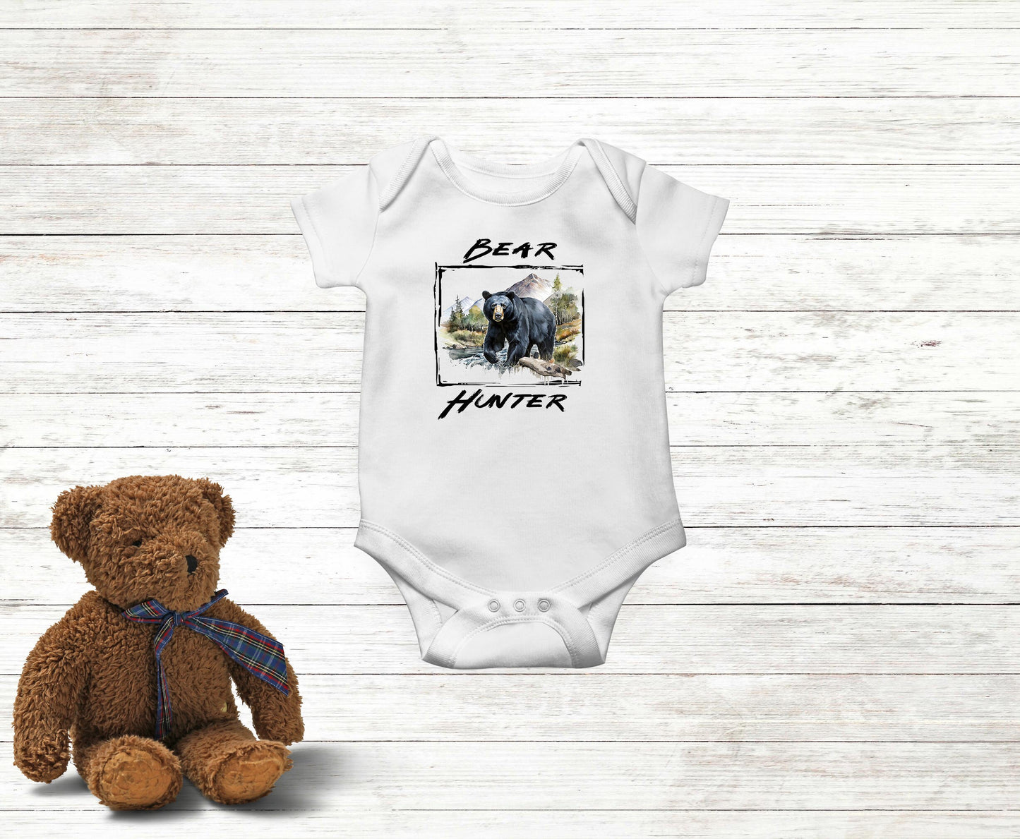 Baby Bodysuit, Bear Hunter Romper, One Piece Baby Suit, Baby Gift, Long / Short Sleeve, 0-18 Months size