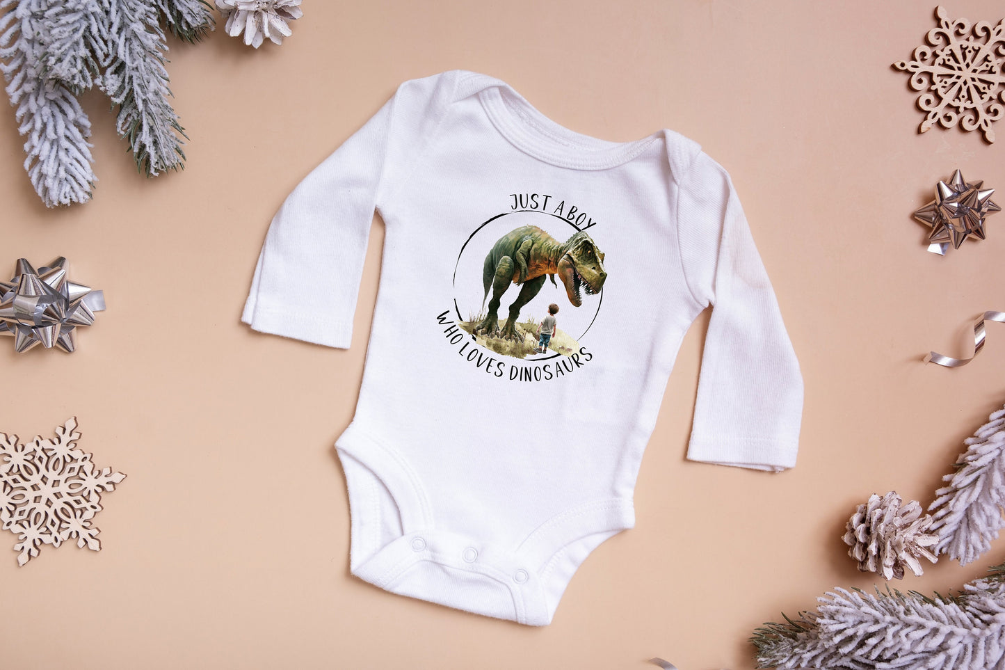 Baby Bodysuit, Just a Boy Who Loves Dinosaurs T-Rex Piece Baby Suit, Baby Gift, Long / Short Sleeve, 0-18 Months size
