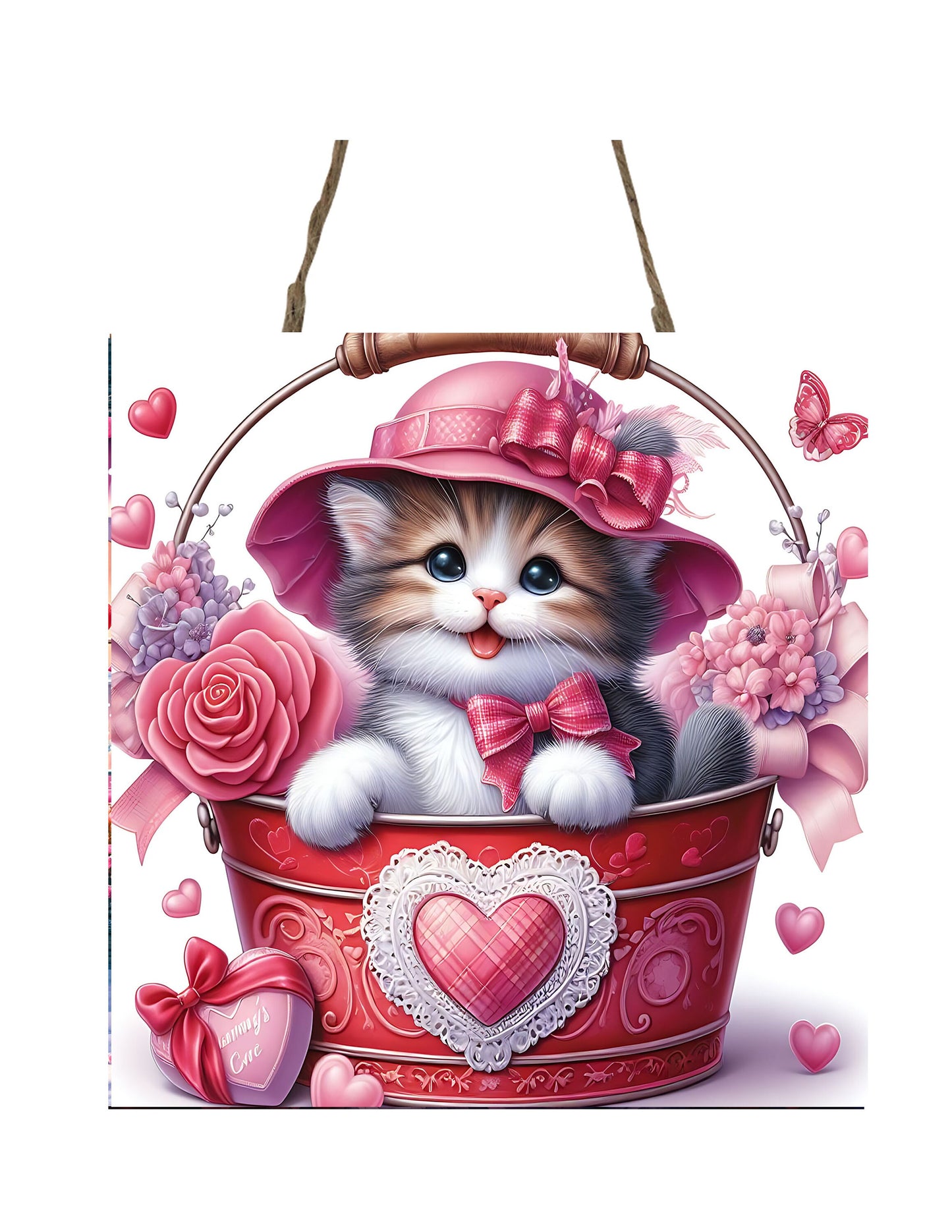 Valentine Kitty in Hat Valentines Day Wood Mini Sign, Tier Tray Decor, Kitchen Sign, Farmhouse Decor, Wreath Sign, Door Hanger