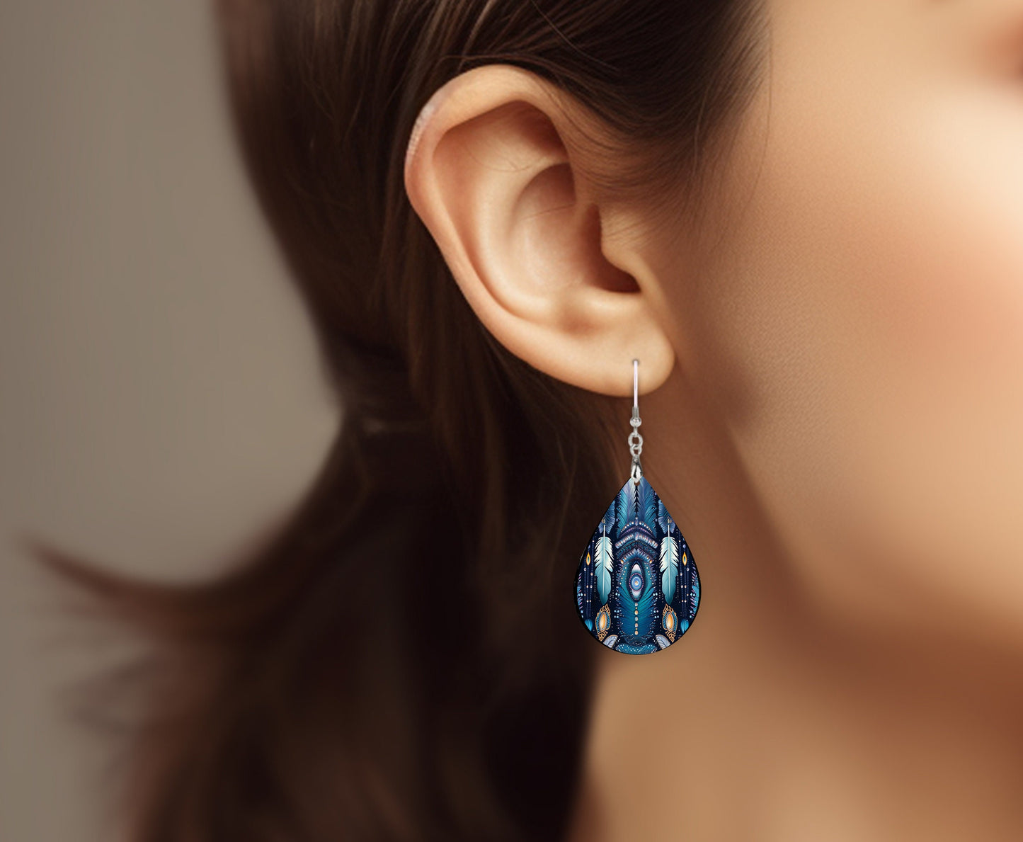 Blue Feathers Print Earrings Print Tear Drop Wood Dangle Earrings Hypoallergenic Jewelry