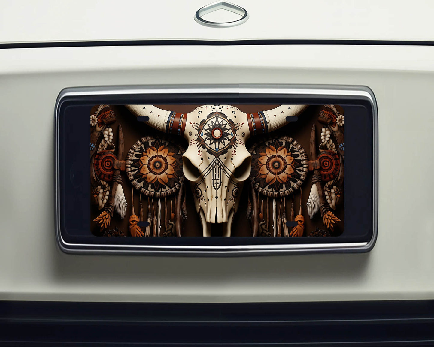 Vanity Front License Plate Cow Skull and Leather Aluminum Vanity License Plate Car Accessory Decorative Front Plate