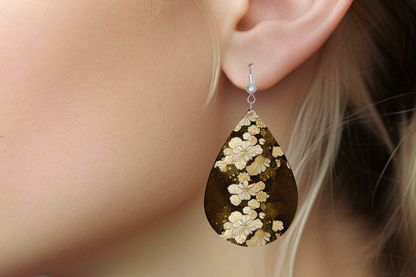 Cream and Bronze Floral Print Earrings Print Tear Drop Wood Dangle Earrings Hypoallergenic Jewelry