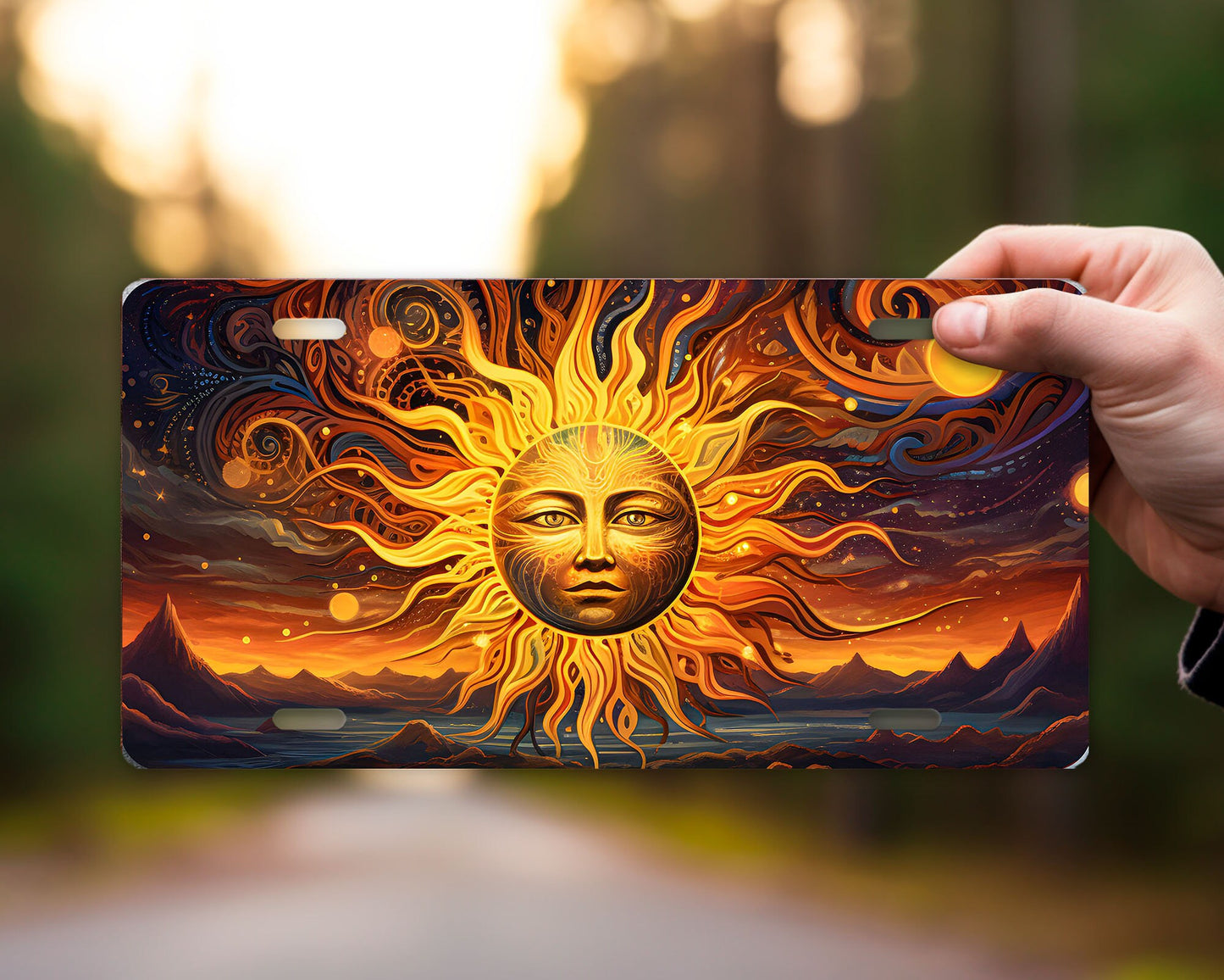 Vanity Front License Plate, Celestial Sun on Fire Aluminum Vanity License Plate Car Accessory Decorative Front Plate
