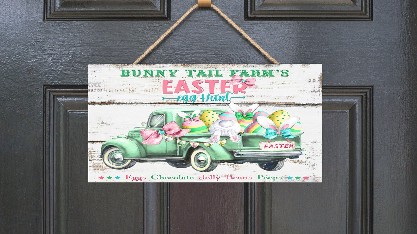 Easter Sign, Bunny Tail Farms Egg Hunt, Hanging Wall Sign Wood Home Decor, Wreath Sign, Door Hanger