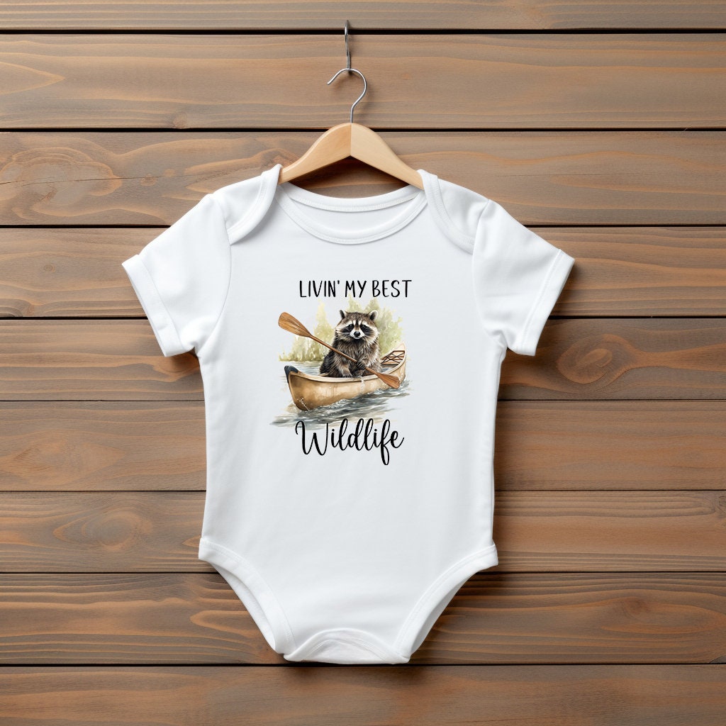 Baby Bodysuit, Raccoon Livin' My Best Wildlife One Piece Baby Suit, Baby Gift, Short Sleeve, 0-18 Months size
