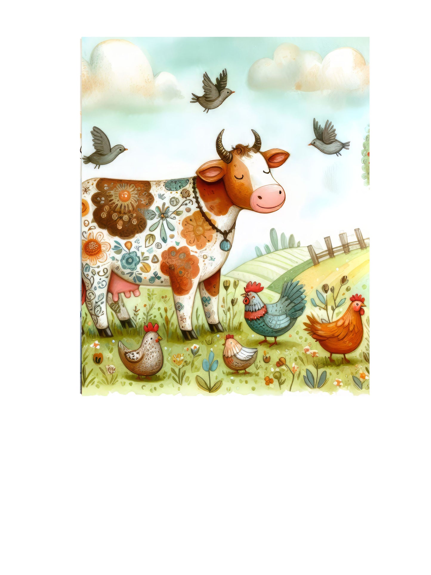 16x20 Whimsical Cow Wall Art Canvas Print, Nursery Wall Art