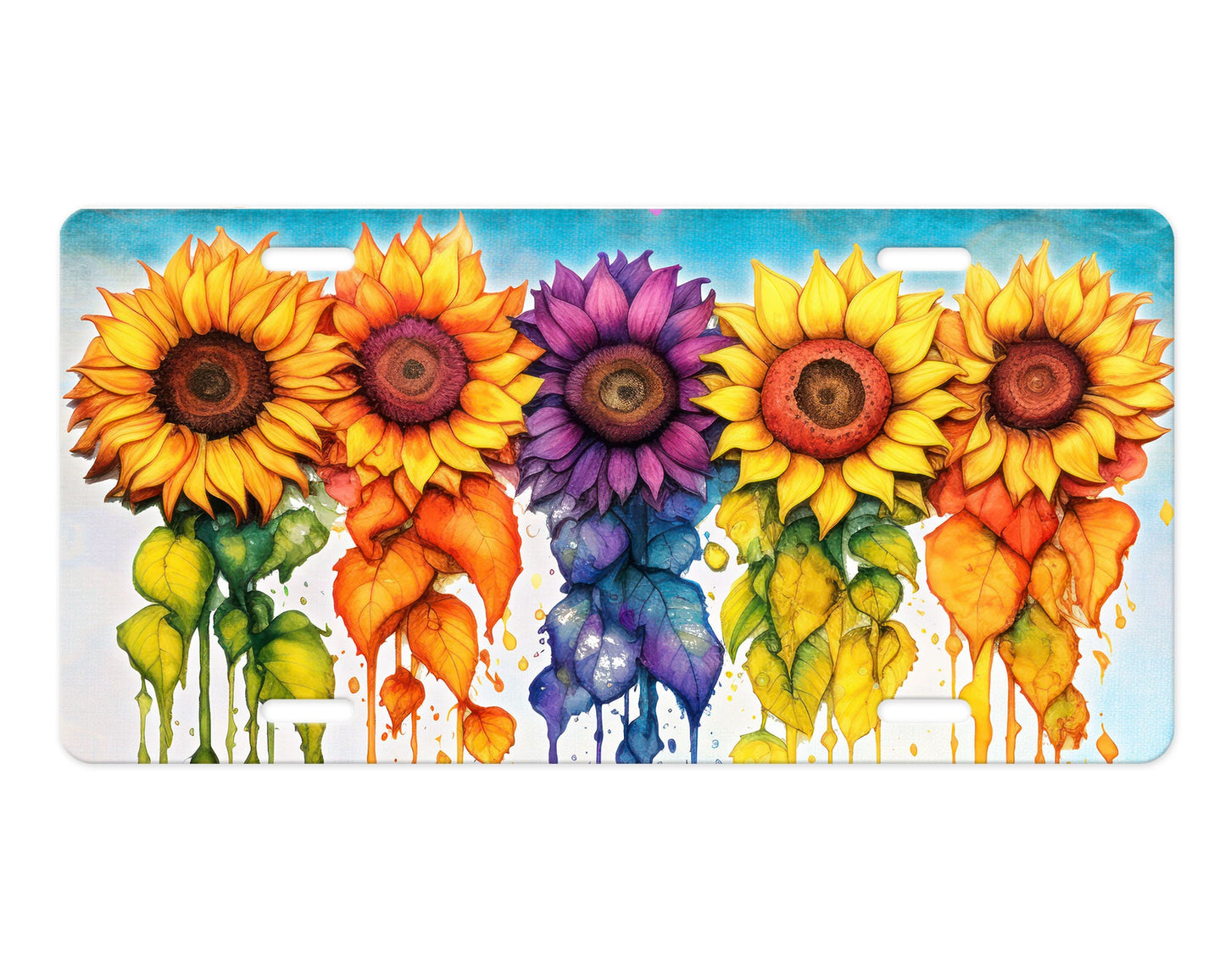 New Release, Color Drip Sunflowers Aluminum Front License Plate, Vanity Plate, Car Accessory