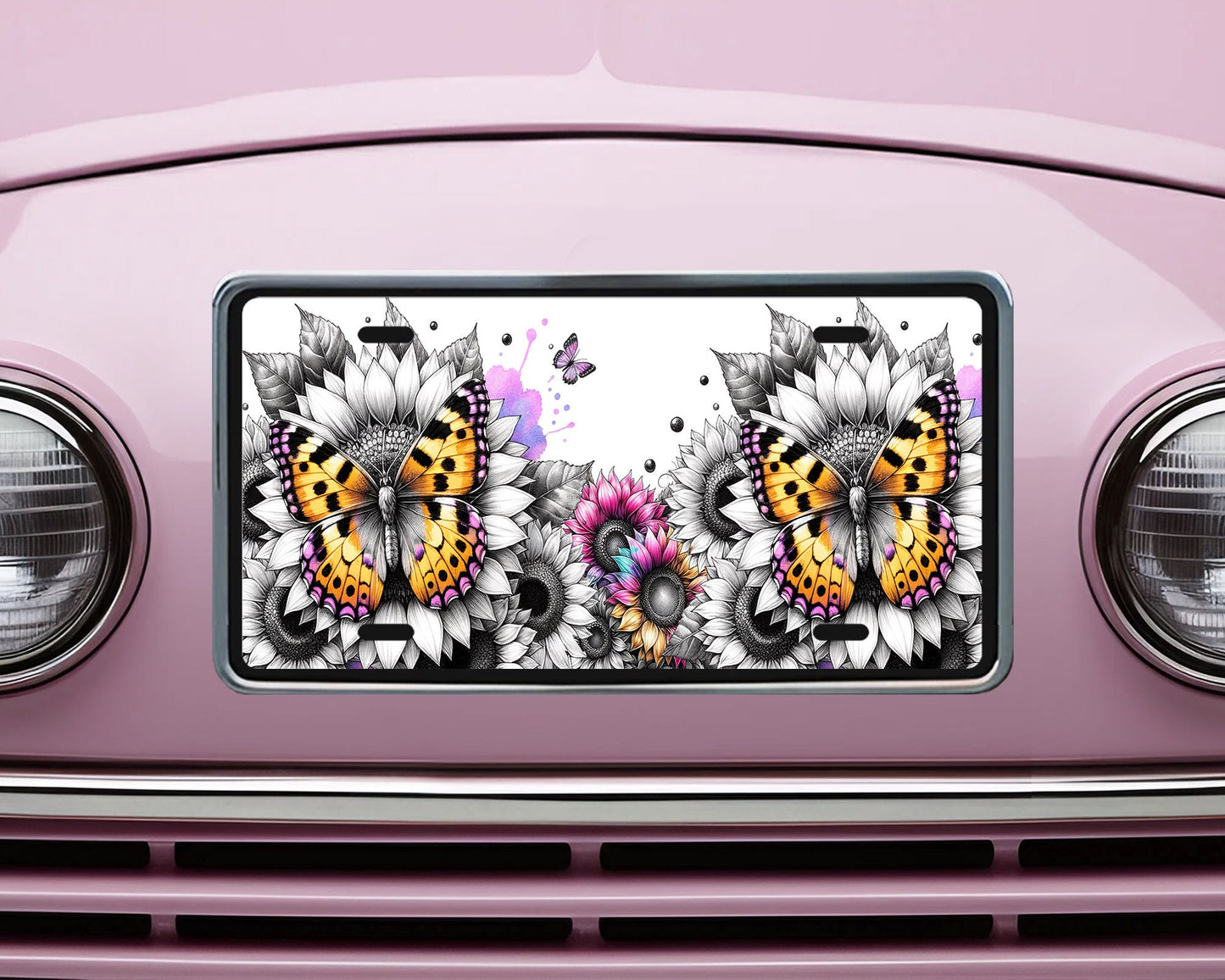 Butterflies and Gray Scale Sunflowers Vanity Decorative Front License Plate Cute Car License Plate Aluminum Metal Plate