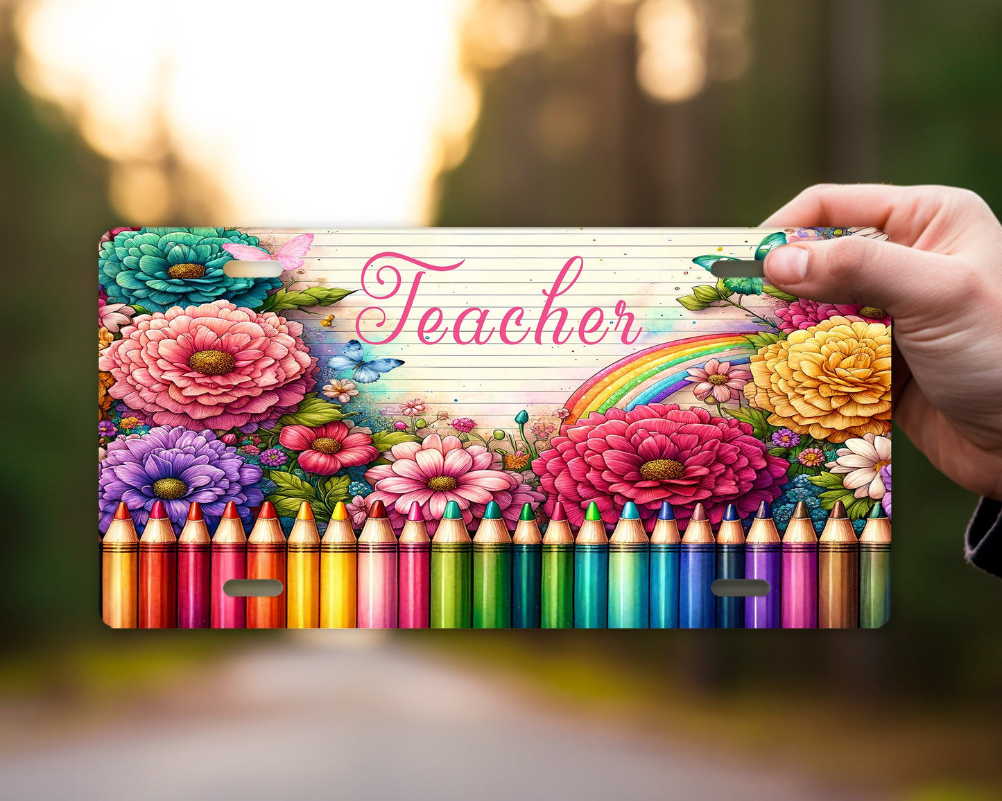 Vanity Front License Plate, Floral Teacher Aluminum License Plate Car Accessory Decorative Front Plate