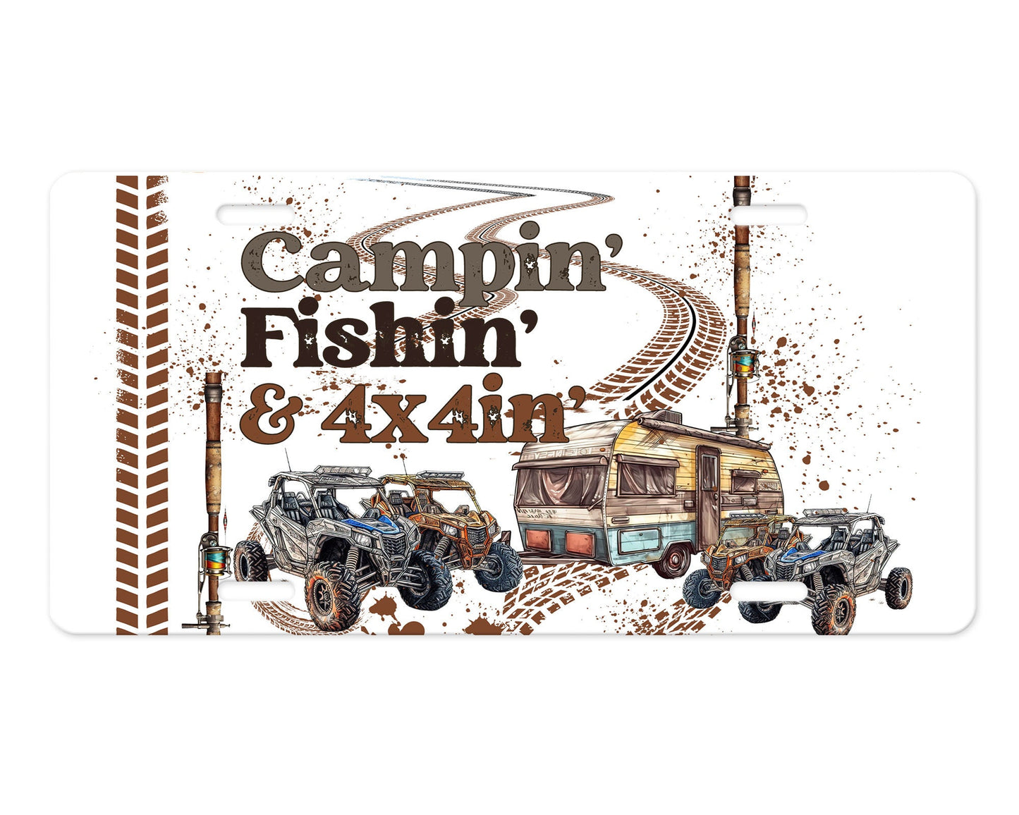 New Release, Campin' Fishin' & 4x4'in Aluminum Front License Plate, Vanity Plate, Car Accessory