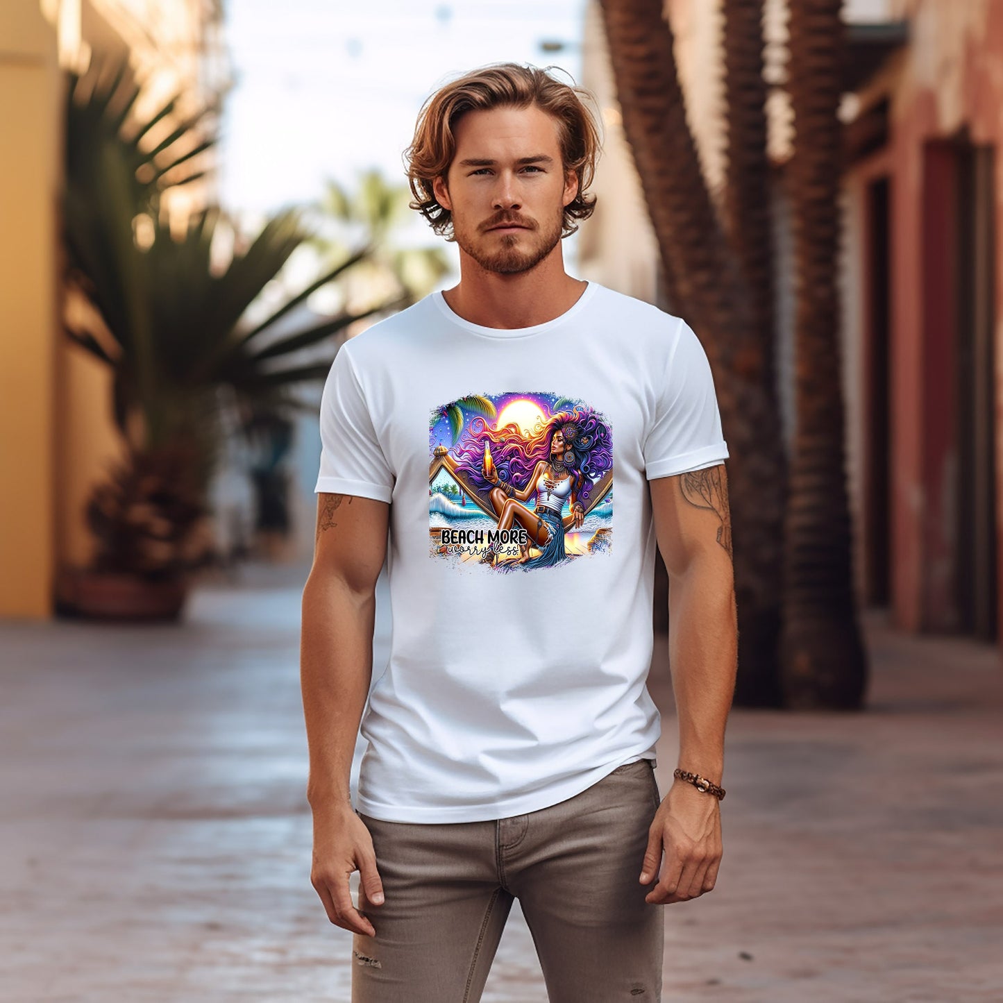 Beach More, Worry Less T Shirt, Tshirt, Graphic T's 100% Cotton Black White or Gray, Tee, Motivational