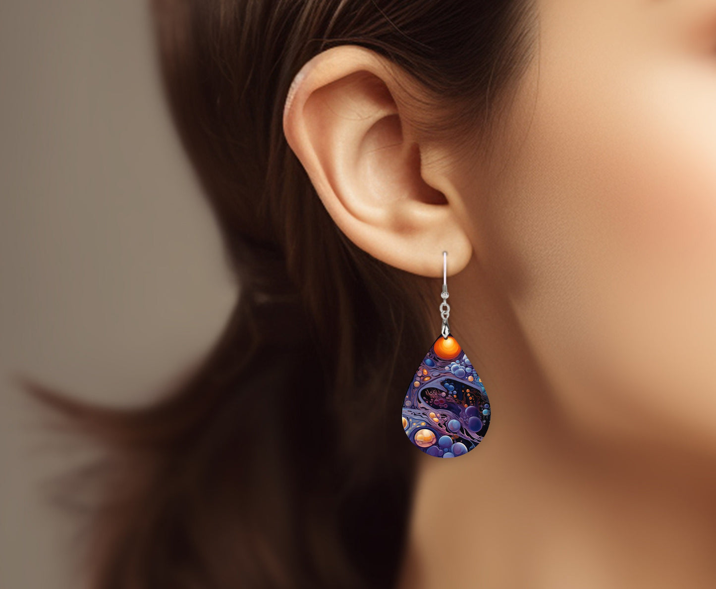 Alien Cytoplasma Print Earrings Print Tear Drop Wood Dangle Earrings Hypoallergenic Jewelry