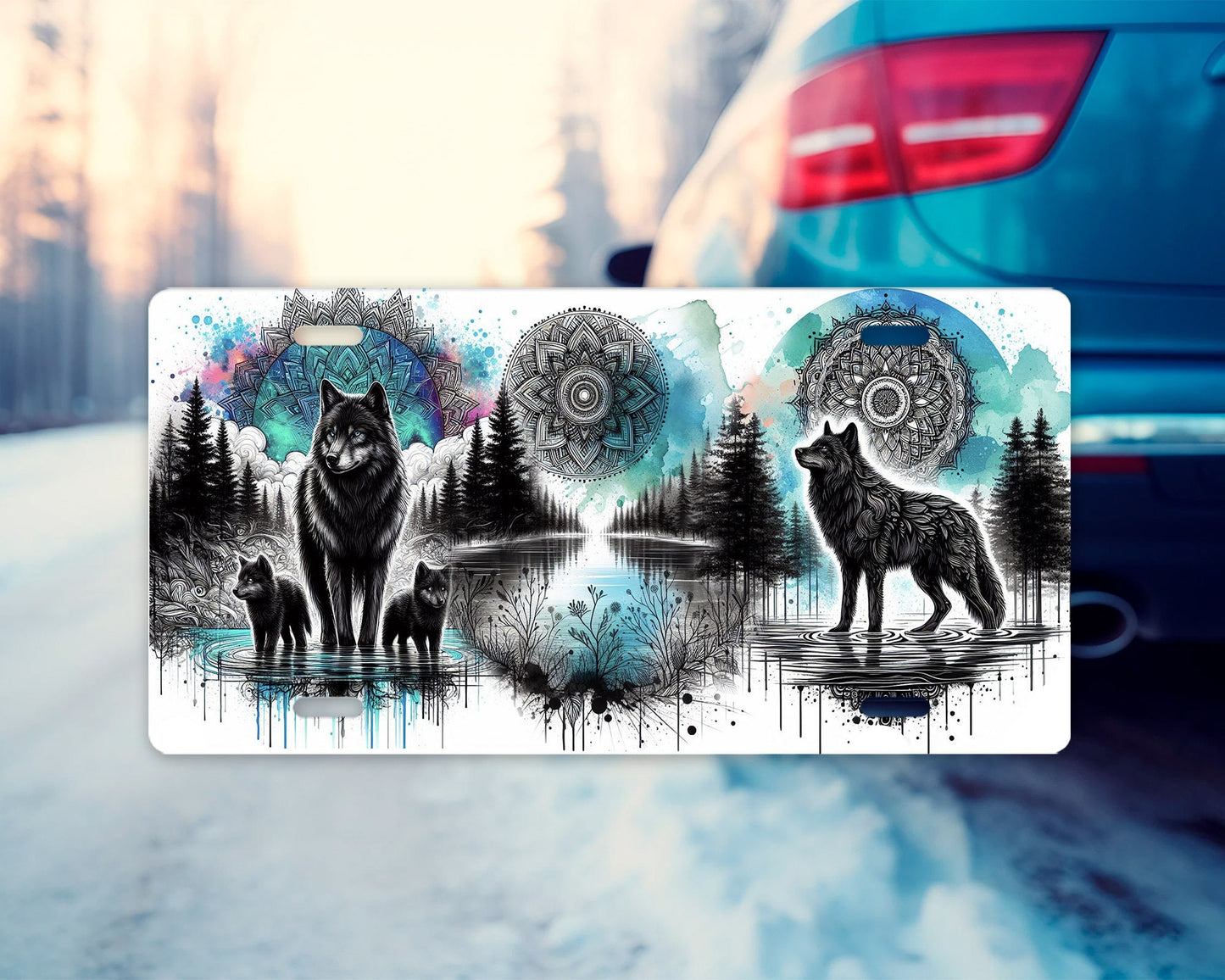 Vanity Front License Plate, Black Wolf Mandala Aluminum Vanity License Plate Car Accessory Decorative Front Plate