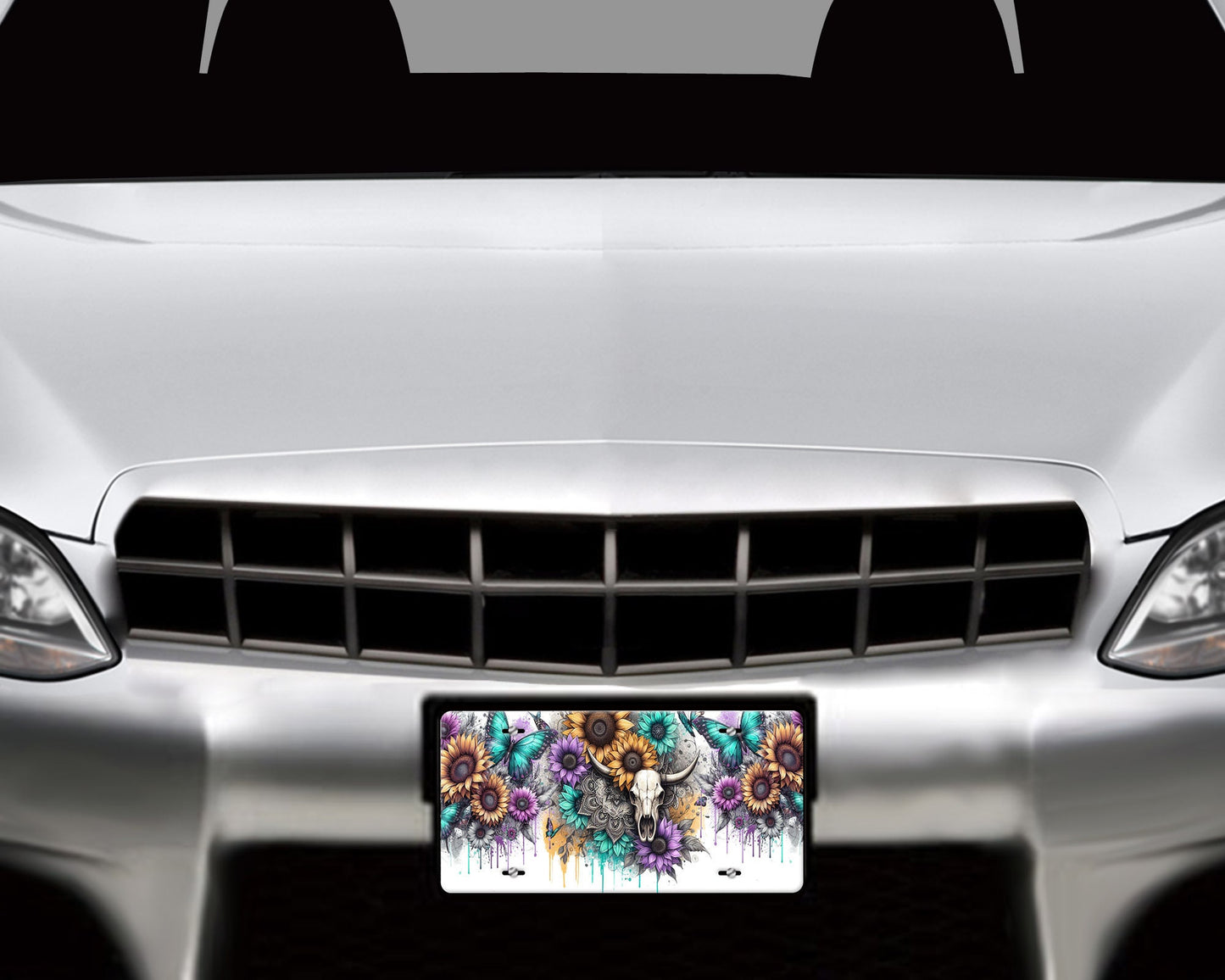 Vanity Front License Plate, Cow Skull and Sunflowers Aluminum Vanity License Plate Car Accessory Decorative Front Plate
