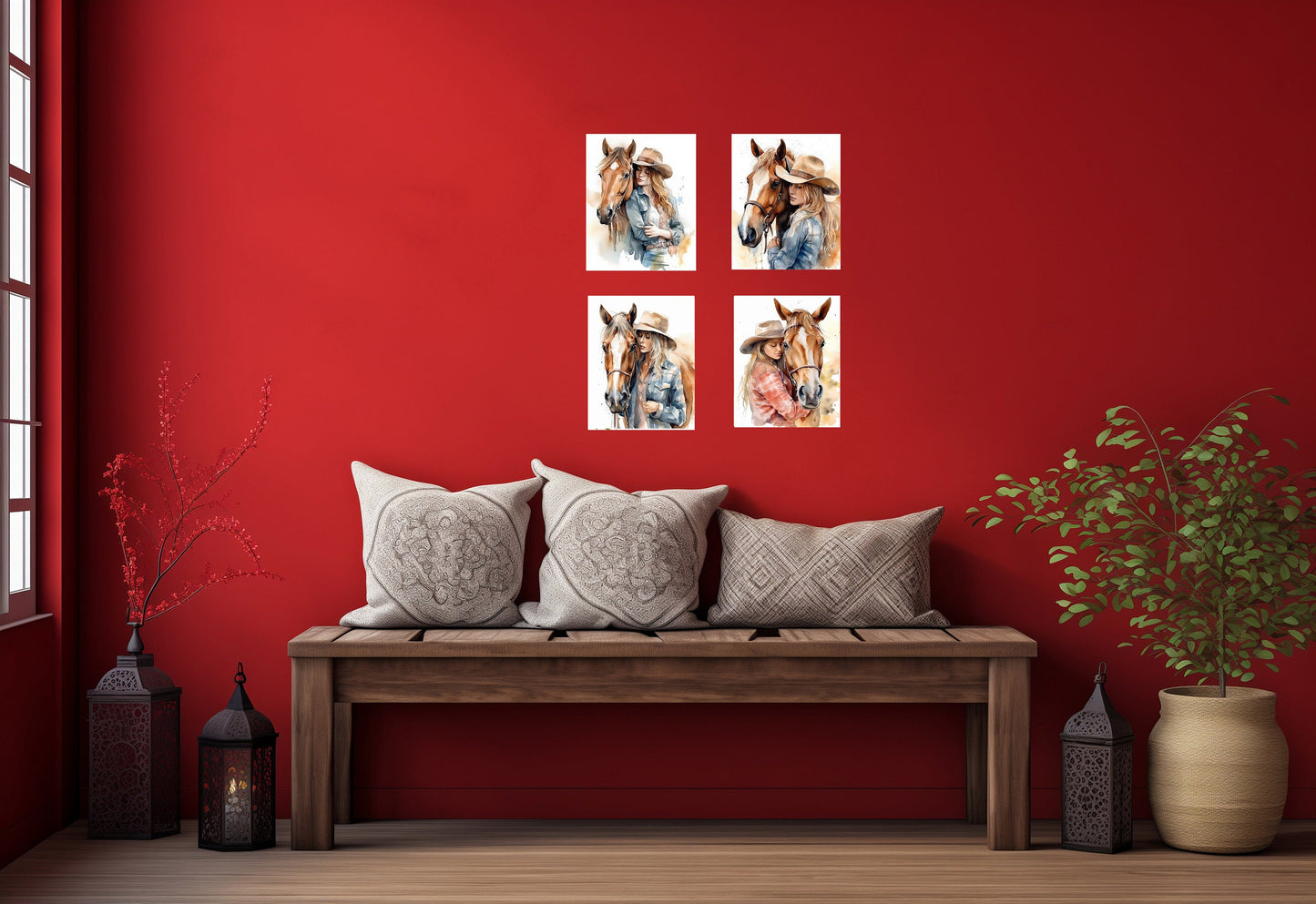 Set of 4 8x10 Girls and Horses Wall Art Canvas Print, Contemporary Wall Art