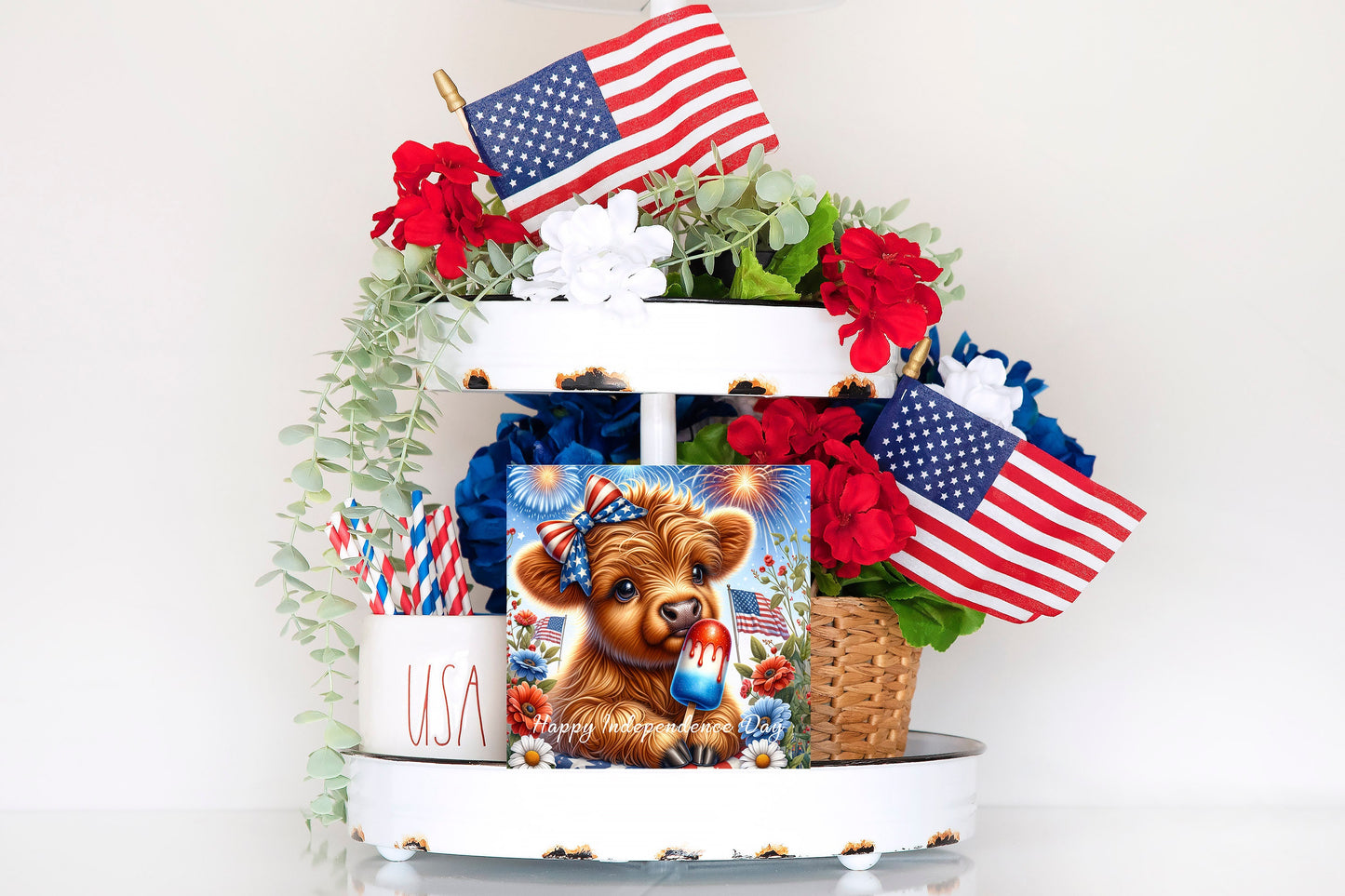 Happy Independence Day Highland Cow Printed Handmade Wood Mini Sign