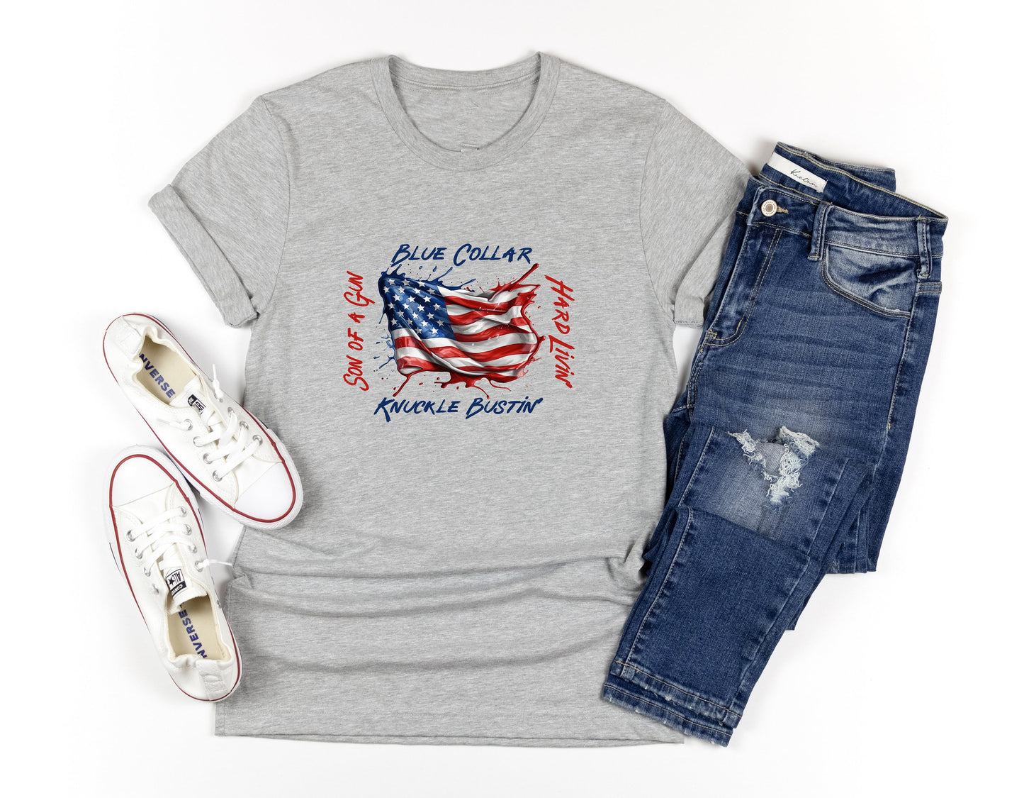 New Release, Blue Collar American Flag T Shirt, Tshirt, Graphic T's 100% Cotton Black White or Gray, Tee,