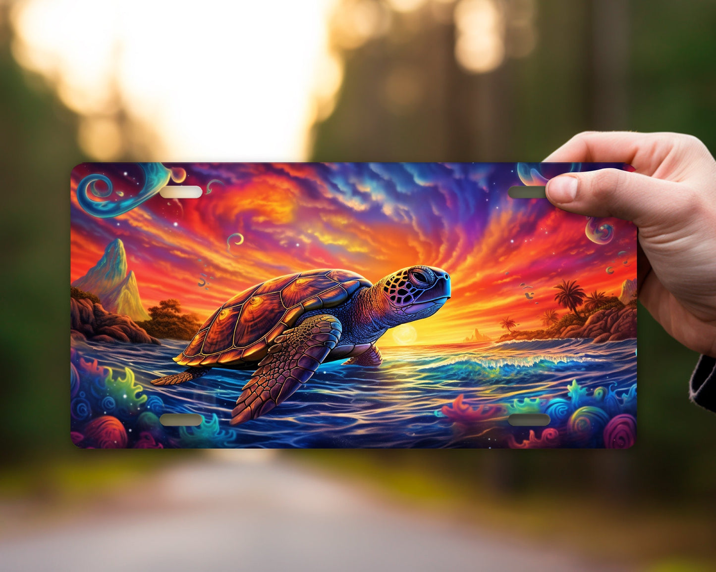 Vanity Front License Plate Neon Sea Turtle Aluminum License Plate Car Accessory Decorative Front Plate