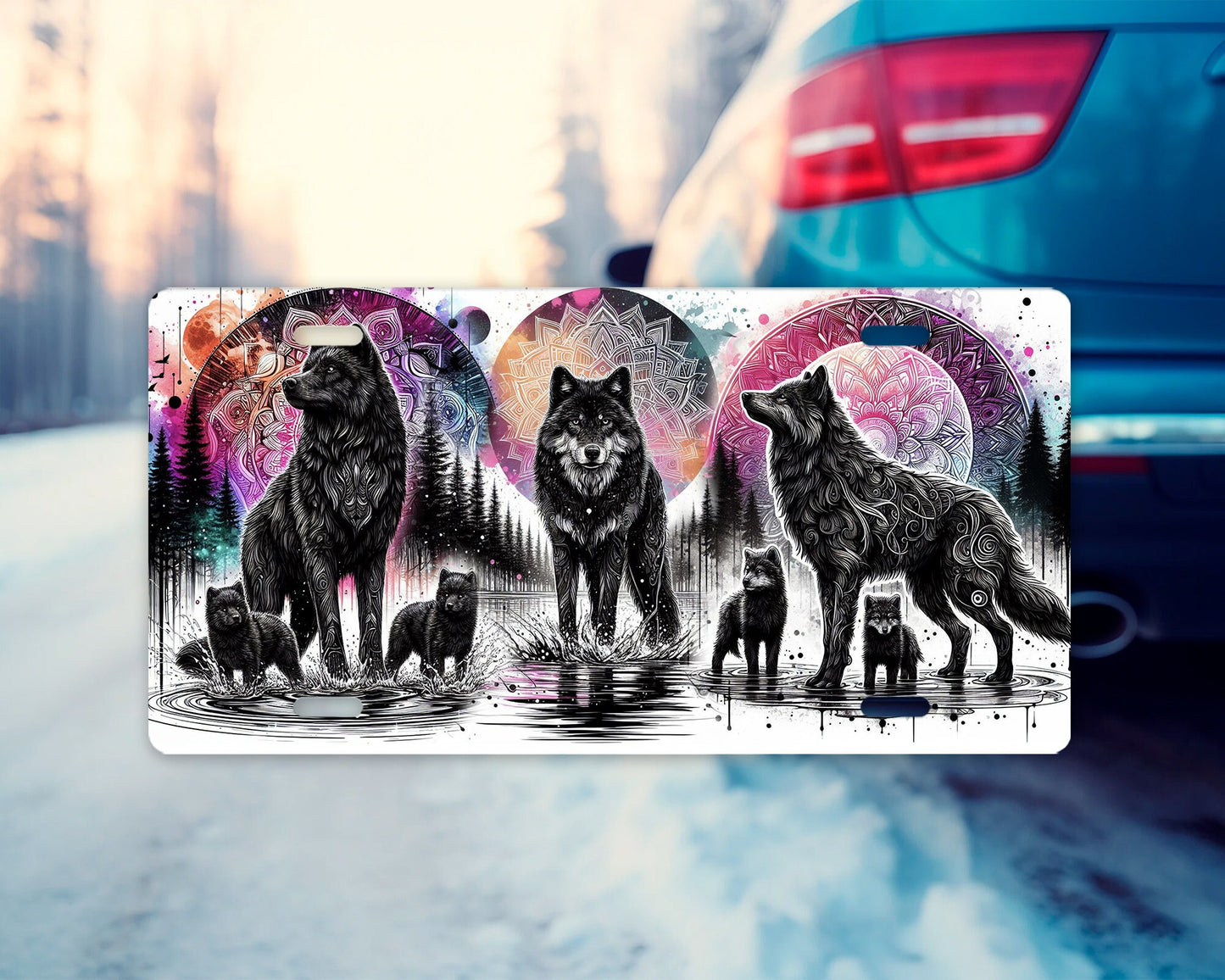 Vanity Front License Plate, Wolf and Mandalas Aluminum Vanity License Plate Car Accessory Decorative Front Plate
