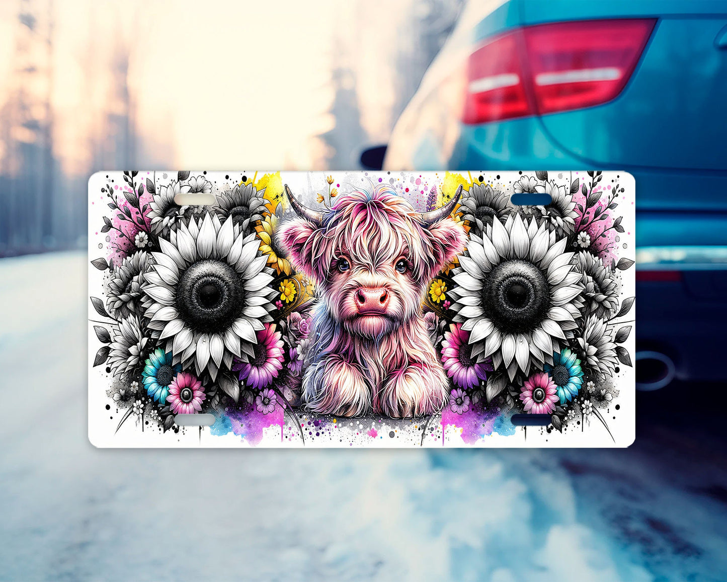 Vanity Front License Plate, Highland Cow and Flowers Aluminum License Plate Car Accessory Decorative Front Plate