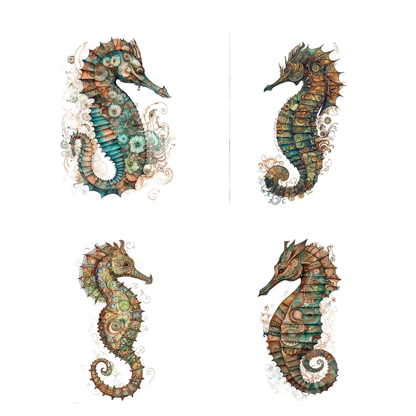 Set of 4 8x10 Paisley Seahorses Coastal Canvas Print, Contemporary Wall Art