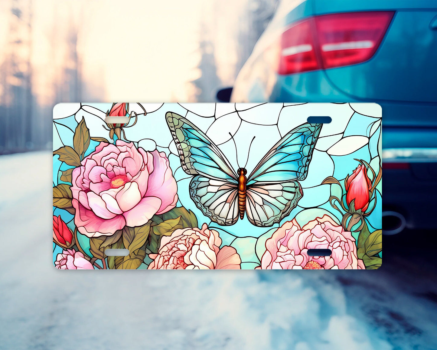 Blue Stain Glass Butterfly Vanity Front License Plate, Aluminum Vanity License Plate Car Accessory Decorative Front Plate