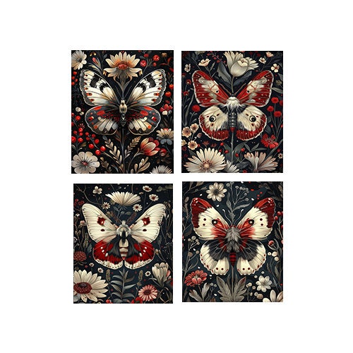 Set of 4 8x10 Red and White Butterflies Canvas Print, Contemporary Wall Art