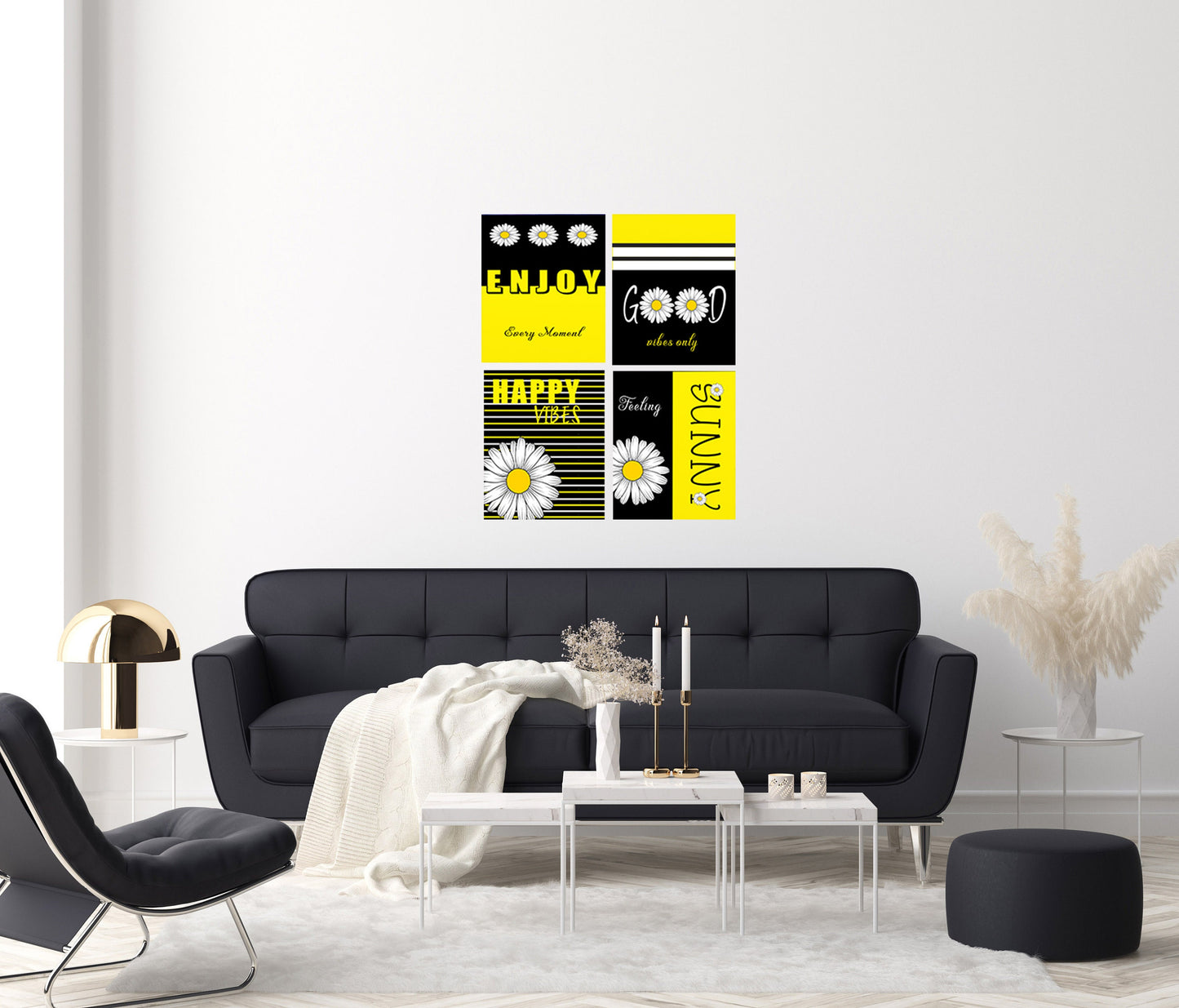 Set of 4 8x10 Yellow and Black Daisy Positive Vibes Canvas Print, Contemporary Wall Art