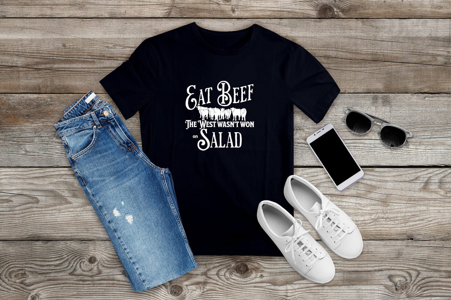 New Release, Eat Beef The West Wasn't Won on Salad T Shirt, Tshirt, Graphic T's 100% Cotton Black White or Gray, Tee,