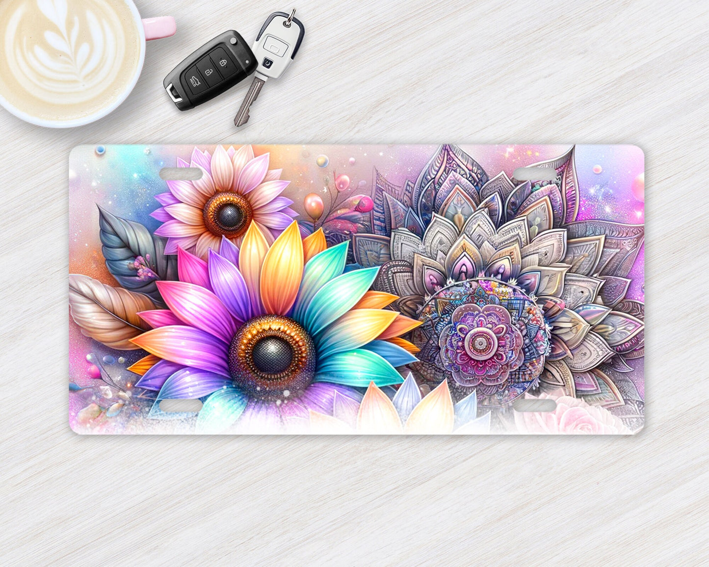 Vanity Front License Plate, Mandala and Sunflowers Aluminum Vanity License Plate Car Accessory Decorative Front Plate