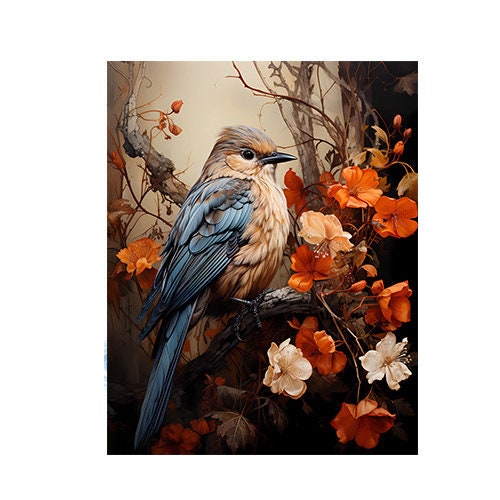 11x14 Orange Floral and Bird Wall Art Canvas Print