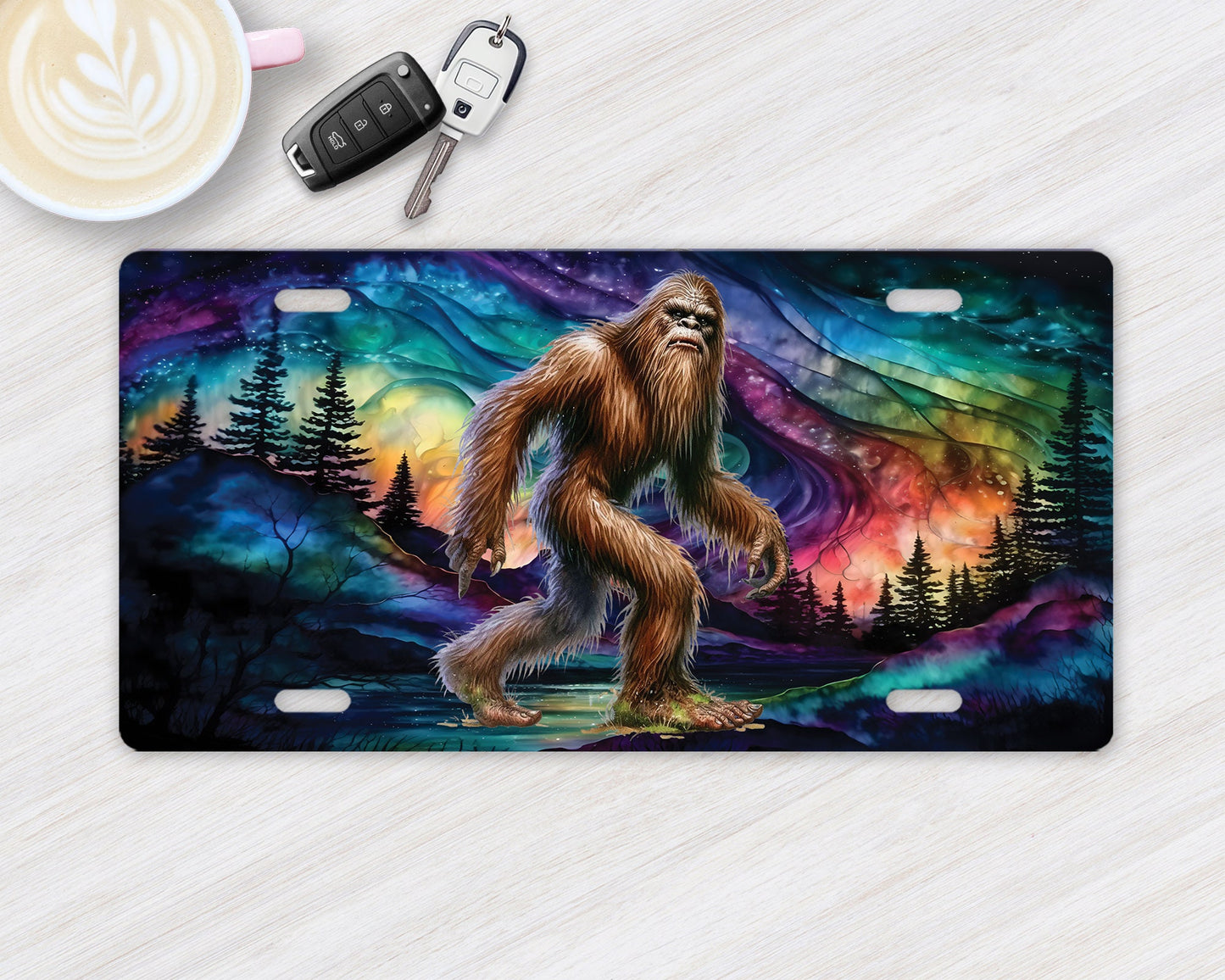 Bigfoot Alcohol Ink Northern Lights Vanity Decorative Front License Plate Cute Car License Plate Aluminum Metal Plate