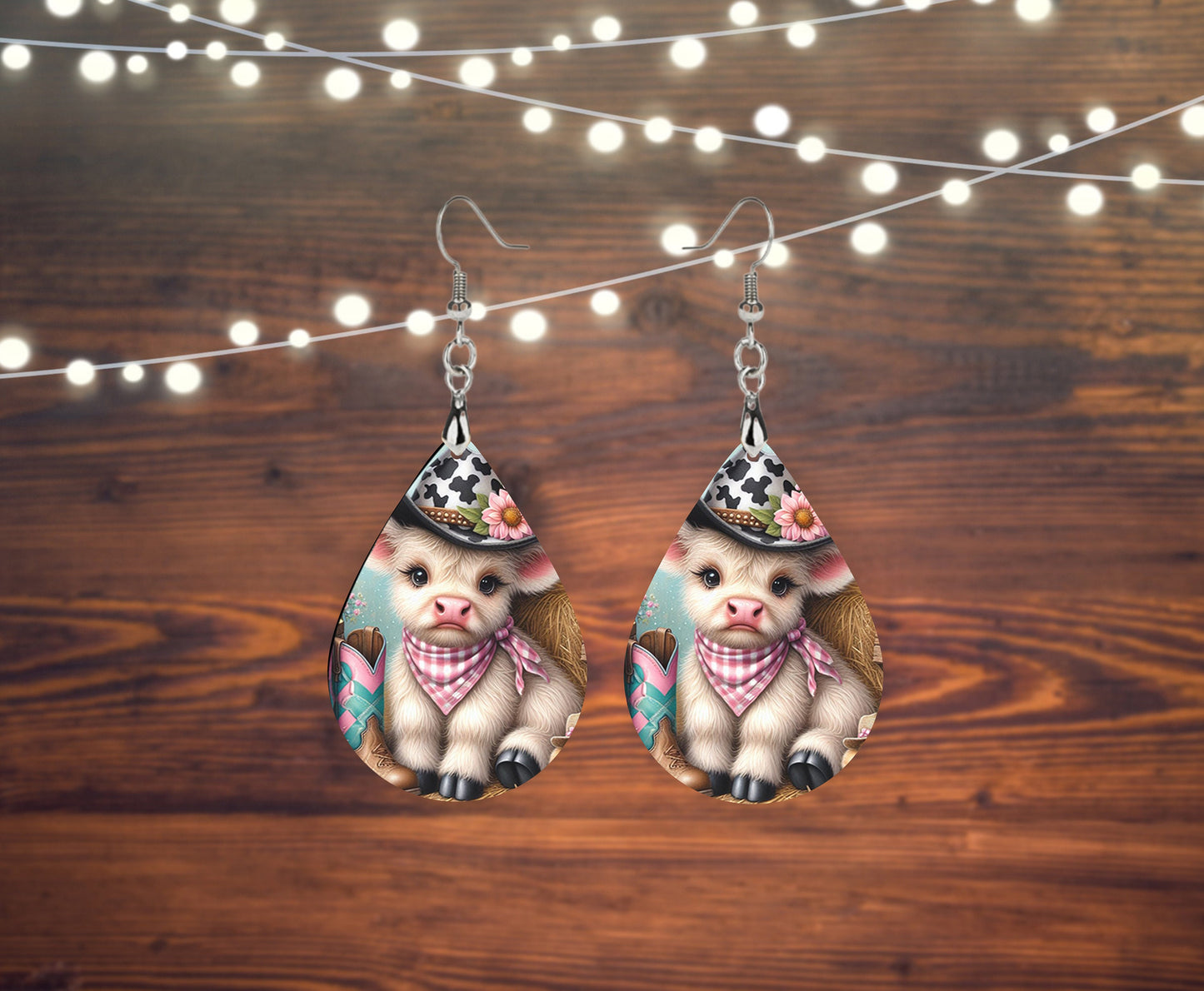 Cowboy Highland Cow Print Tear Drop Wood Dangle Earrings Hypoallergenic Jewelry