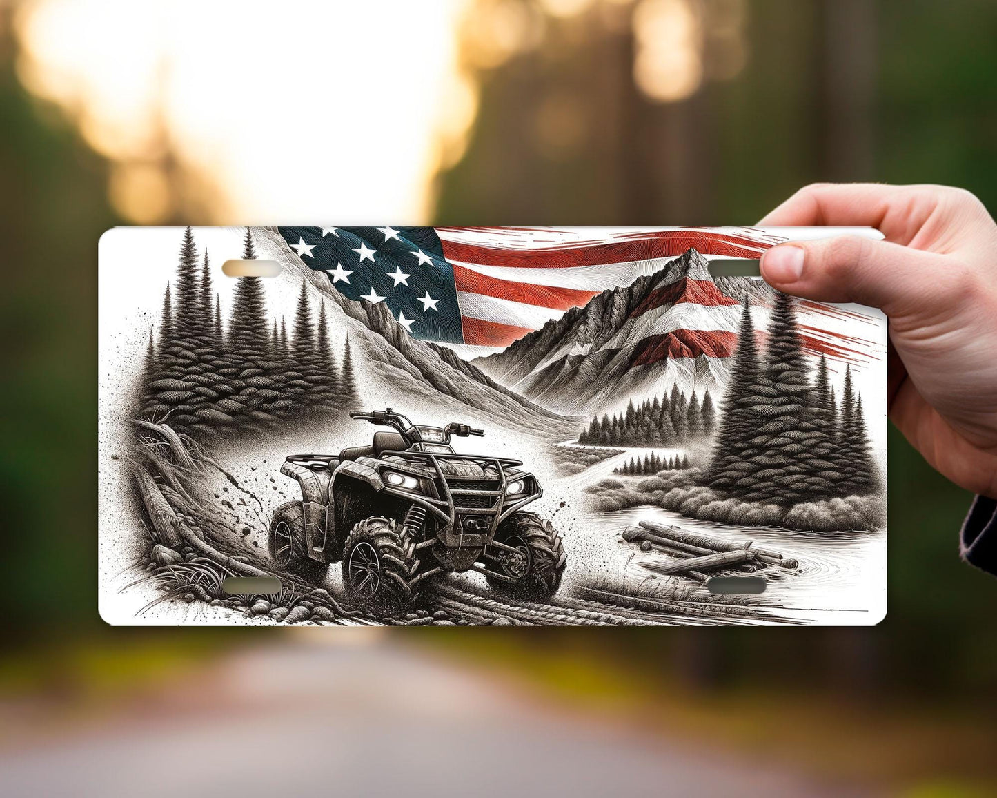 New Release, American Flag and 4 Wheeler Vanity Decorative Front License Plate Cute Car License Plate Aluminum Metal Plate