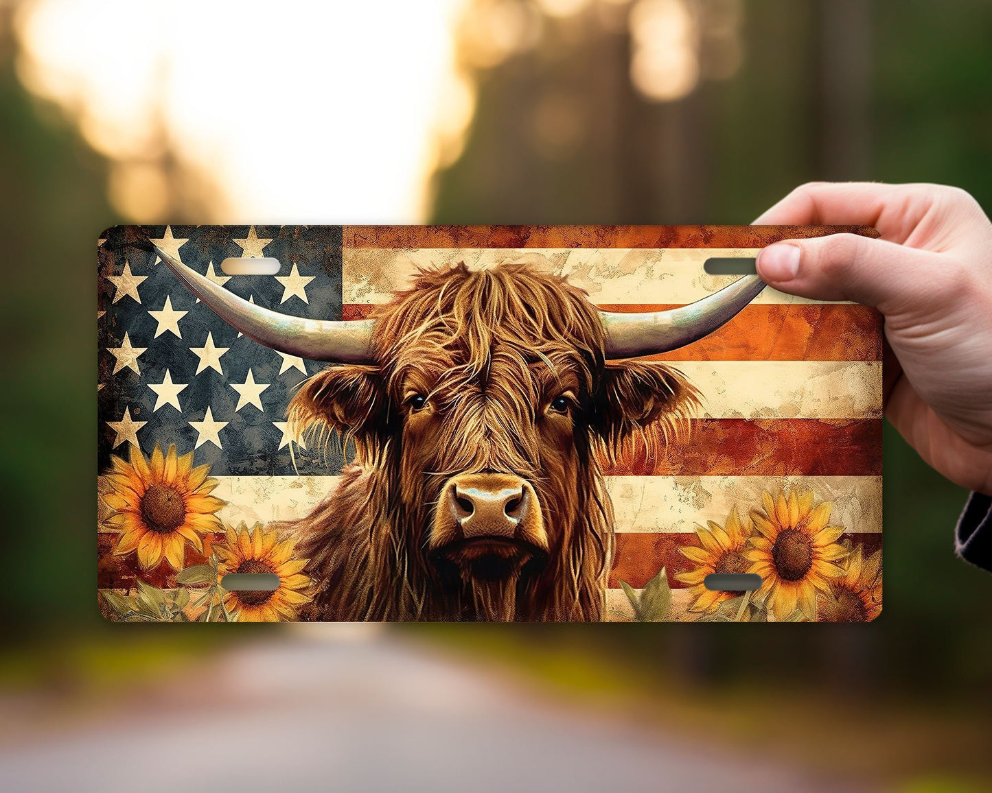 American Flag Highland Cow Vanity Front License Plate, Aluminum License Plate Car Accessory Decorative Front Plate