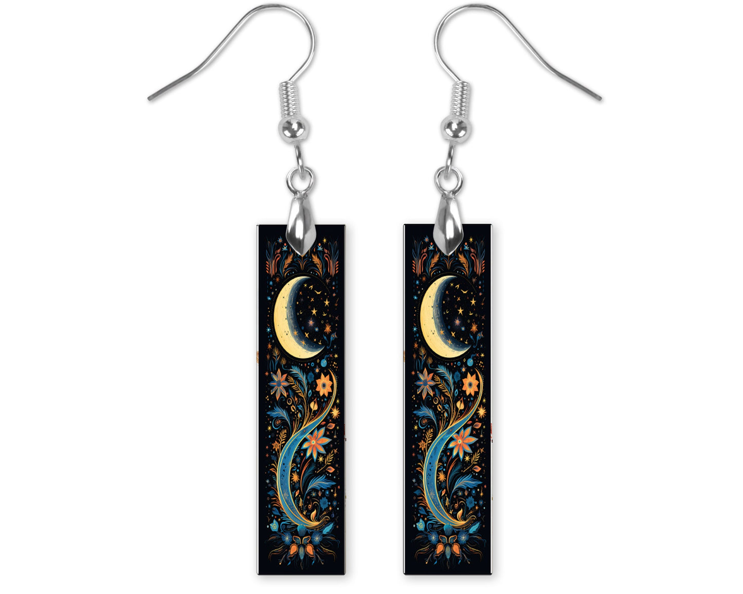 New Release Crescent Moon Scroll Bar Printed Wood Dangle Earrings Hypoallergenic Jewelry Handmade