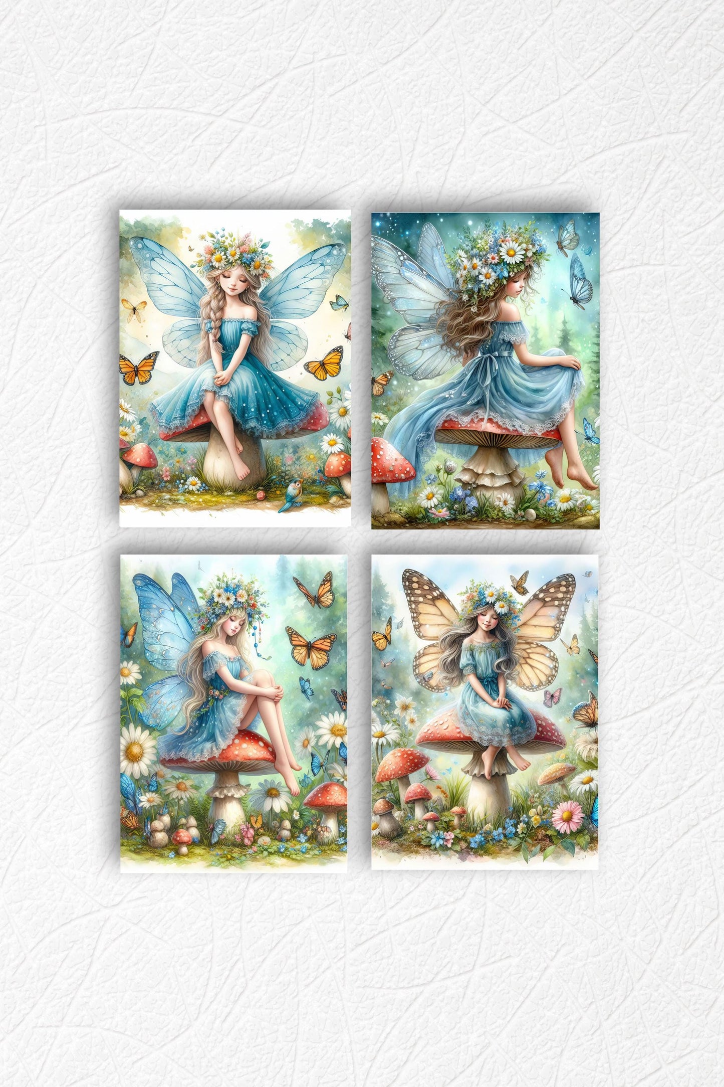 Set of 4 8x10 Blue Fairies on Mushrooms Wall Art Canvas Print, Contemporary Wall Art