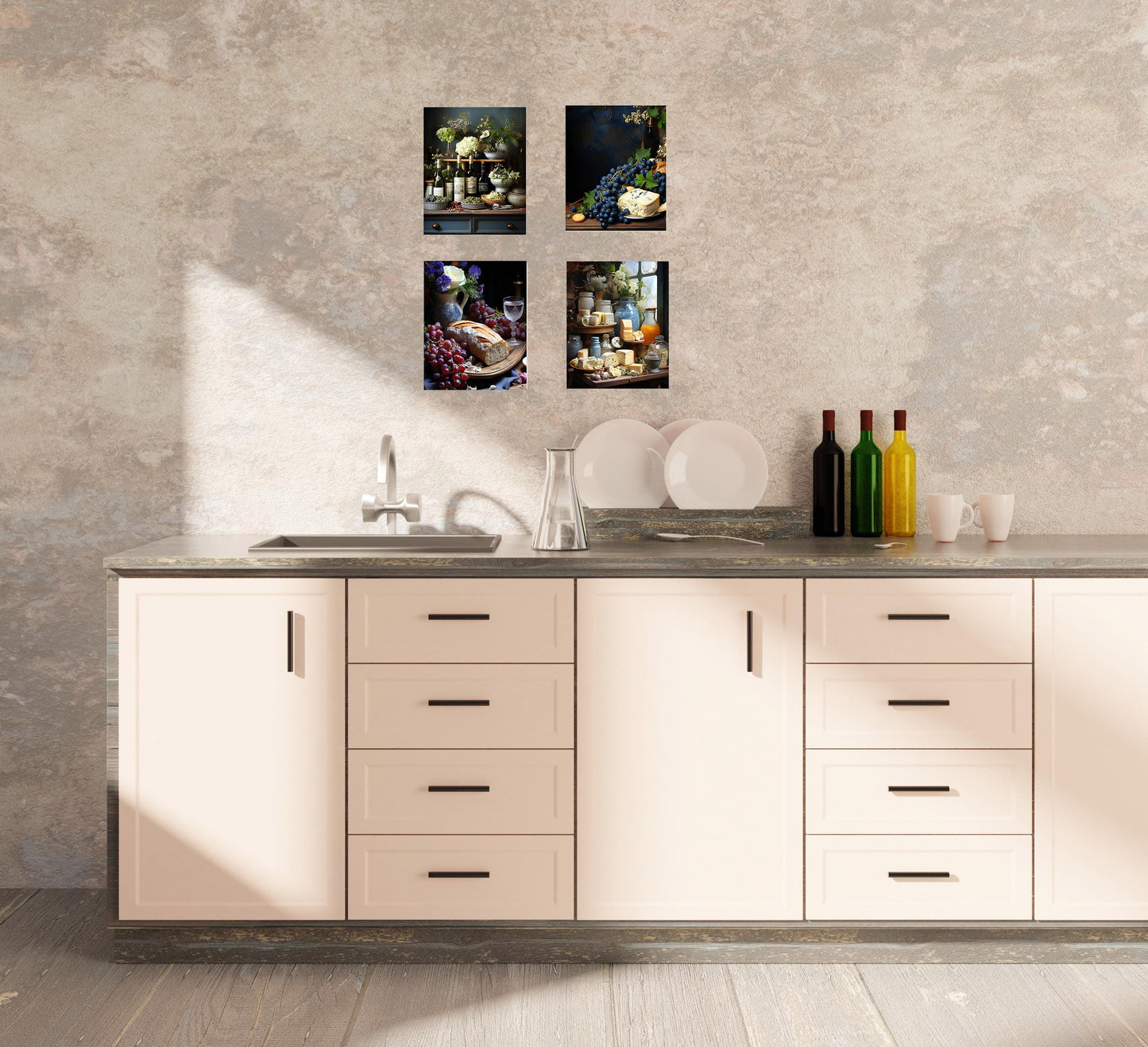 Set of 4 8x10 French Wine and Cheese Wall Art Canvas Print, Contemporary Wall Art