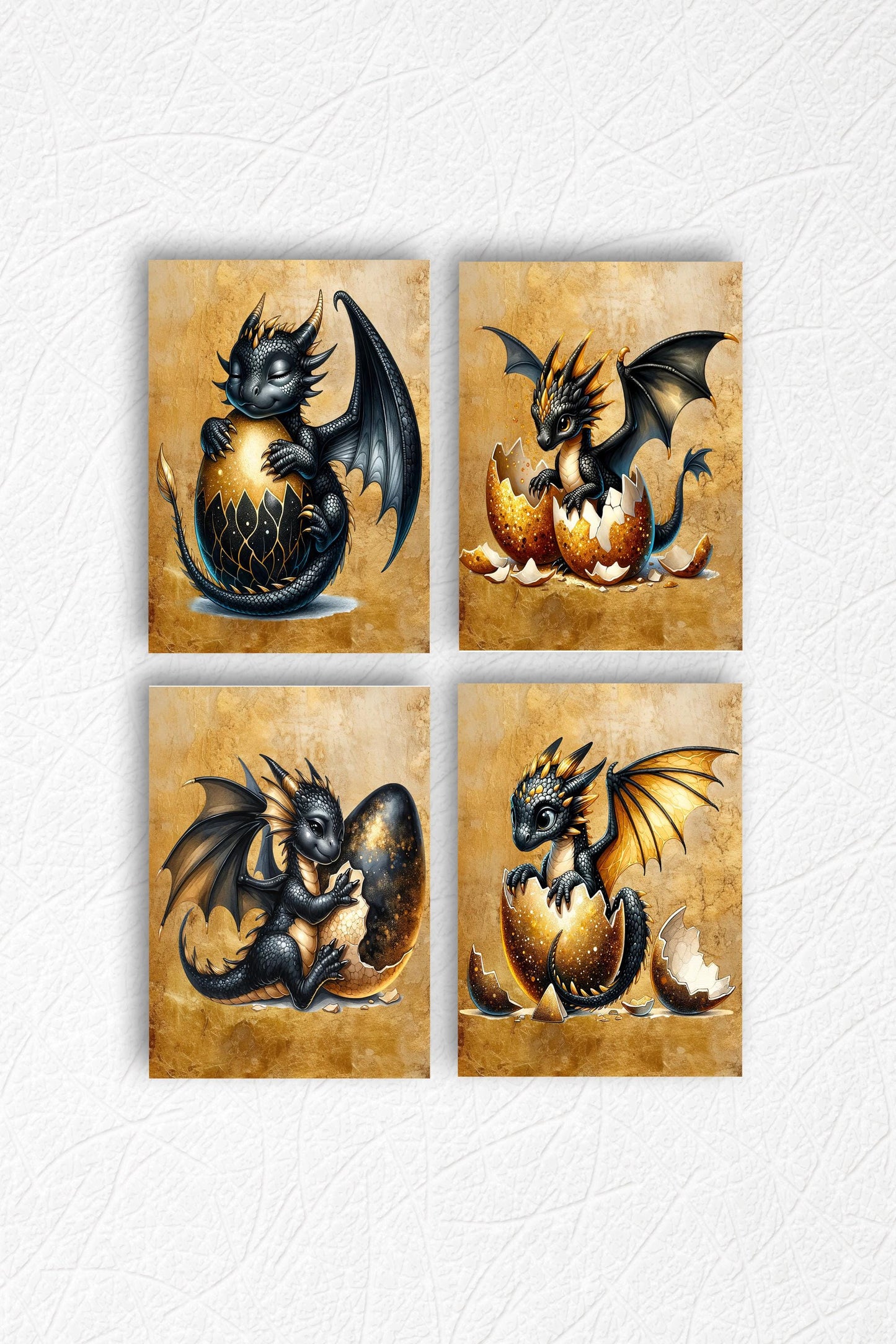 Set of 4 8x10 Black and Gold Dragons Wall Art, Canvas Prints, Contemporary Wall Art