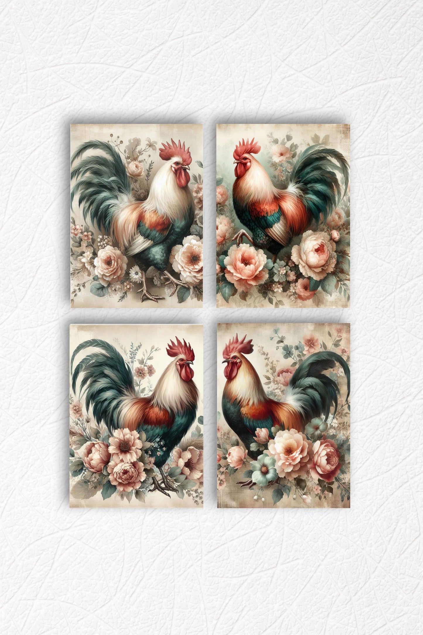 Set of 4 8x10 Floral Rooster Wall Art, Canvas Prints, Contemporary Wall Art