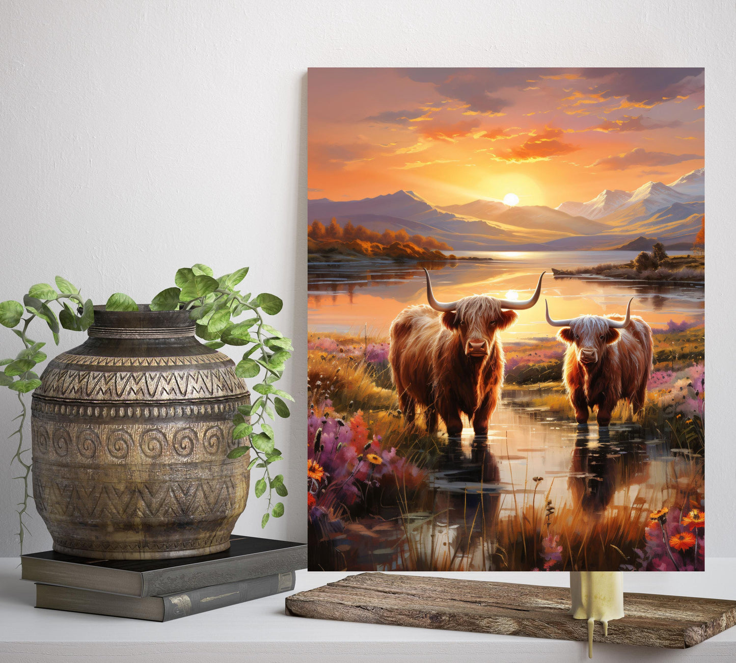 11x14 Highland Cows at Sunset Canvas Print