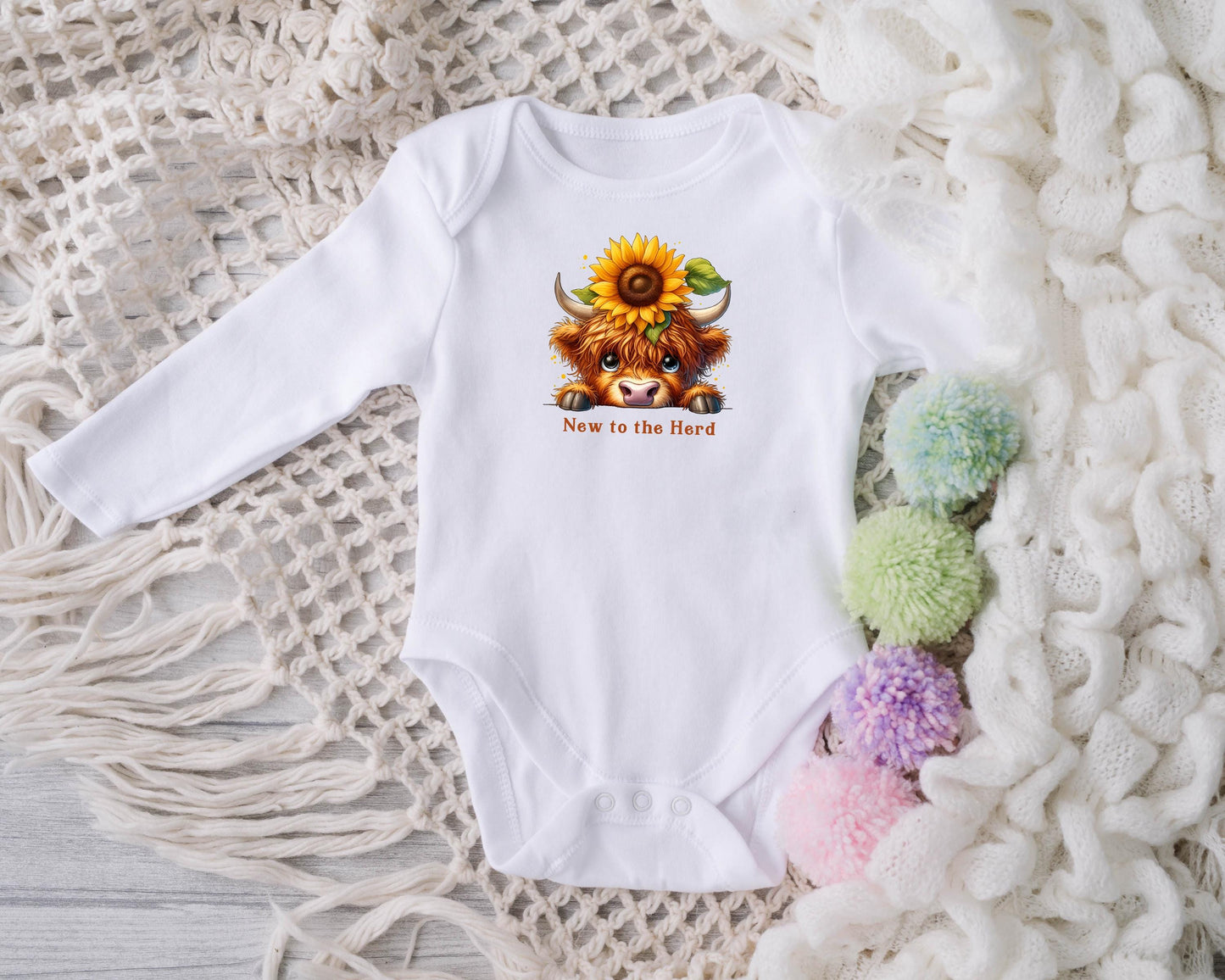 Baby Bodysuit, New to the Herd Highland Cow One Piece Baby Suit, Baby Gift, Long / Short Sleeve, 0-18 Months size