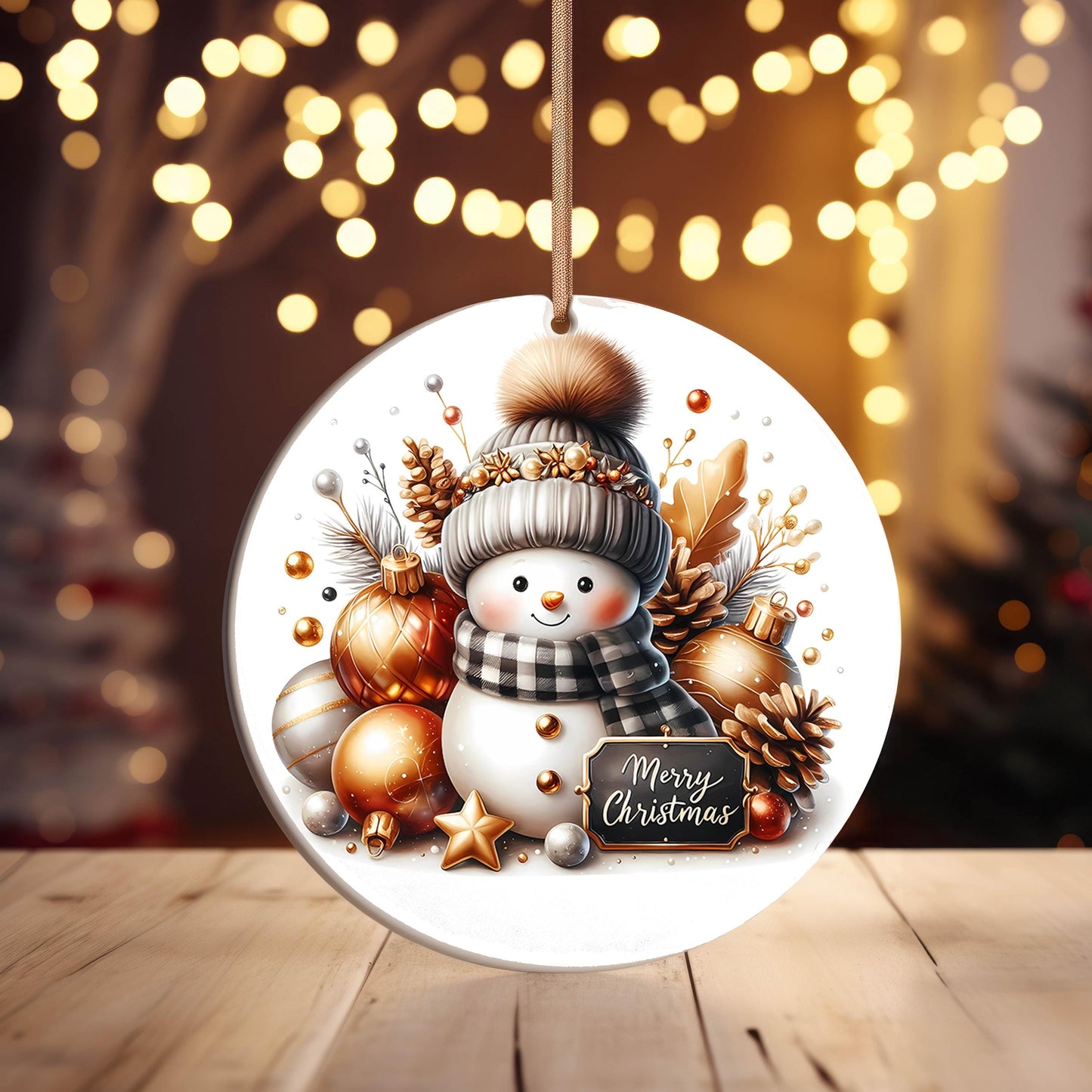 Black and Gold Merry Christmas Snowman Ornament, Ceramic Christmas Ornament